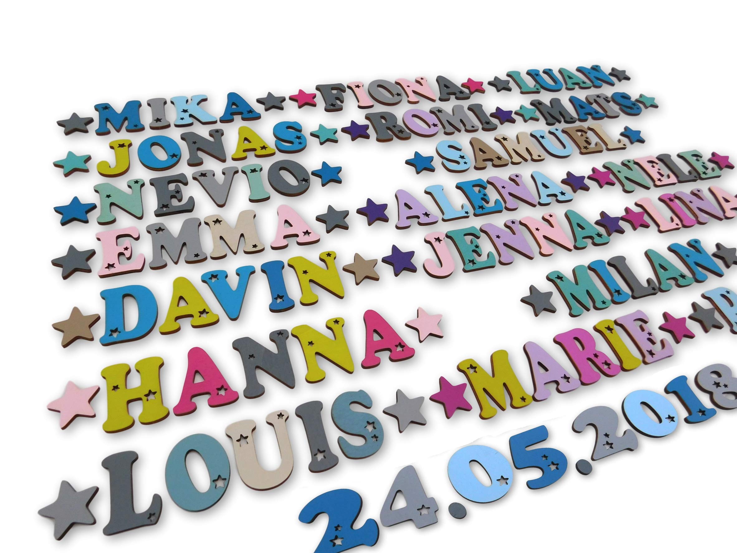 Kleine Holzbuchstaben & Zahlen – 4,5 cm Mini-Buchstaben | Perfekt für Türen, Regale & Bastelprojekte | Personalisierte Kinderzimmer-Deko | Mit 2 Sternen & Klebepads | Viele Farben