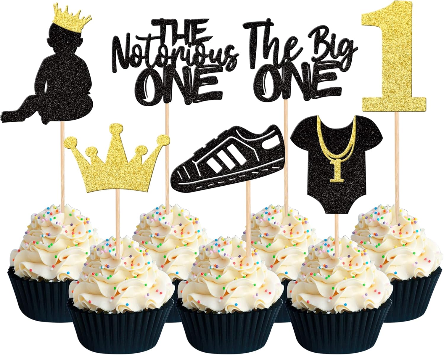 28 PCS The Notorious One Cupcake Toppers Black Glitter Hip