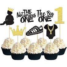 28 PCS The Notorious One Cupcake Toppers Black Glitter Hip Hop 1st Birthday Cupcake Picks The Big One Number 1 Cake Decorations for Baby Shower Kids First Birthday Party Supplies