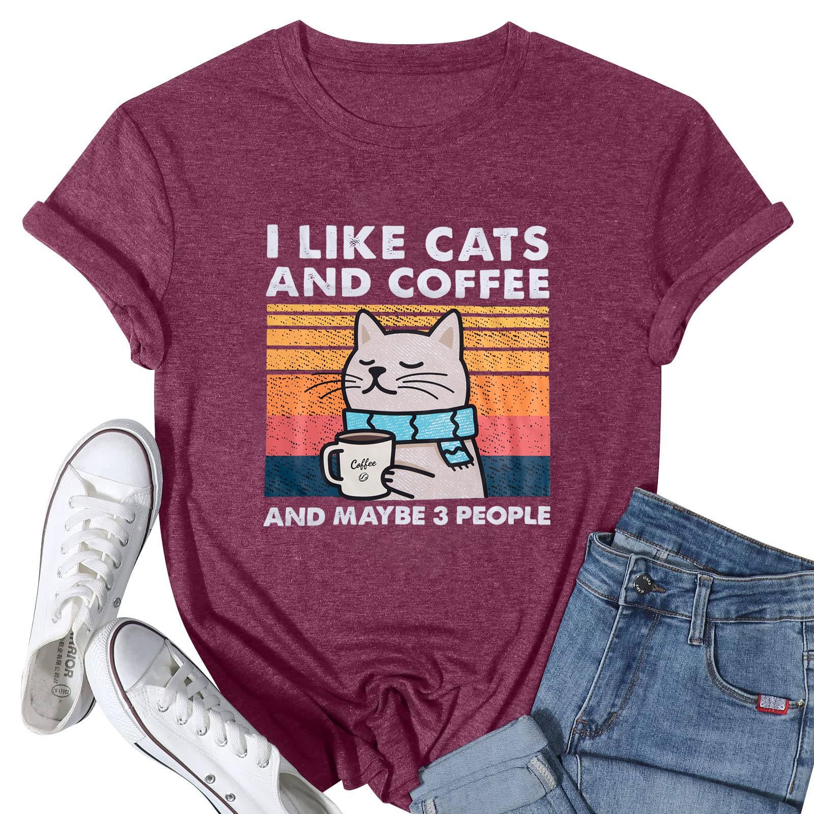 DUTUTCat Shirt I Like Cats and Coffee and Maybe People Graphic T-Shirt  Vintage Cat Lover Shirts Retro Coffee Lover Gift Tee Tops