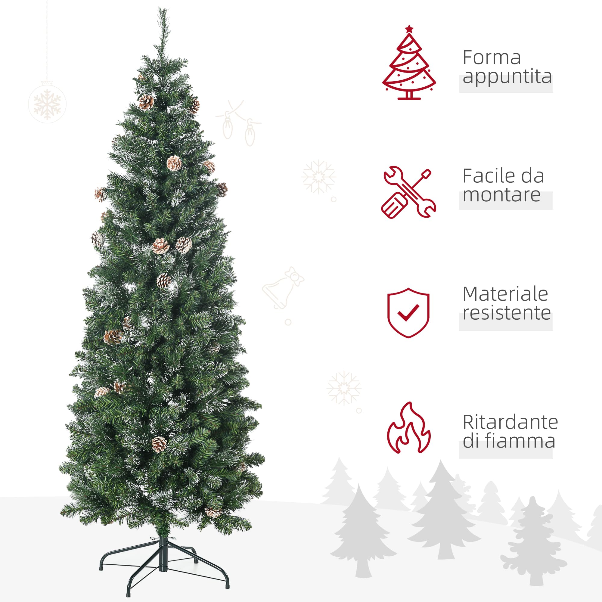 HOMCOM Albero di Natale 180cm con Pigne e 618 Rami Ignifughi Artificiale