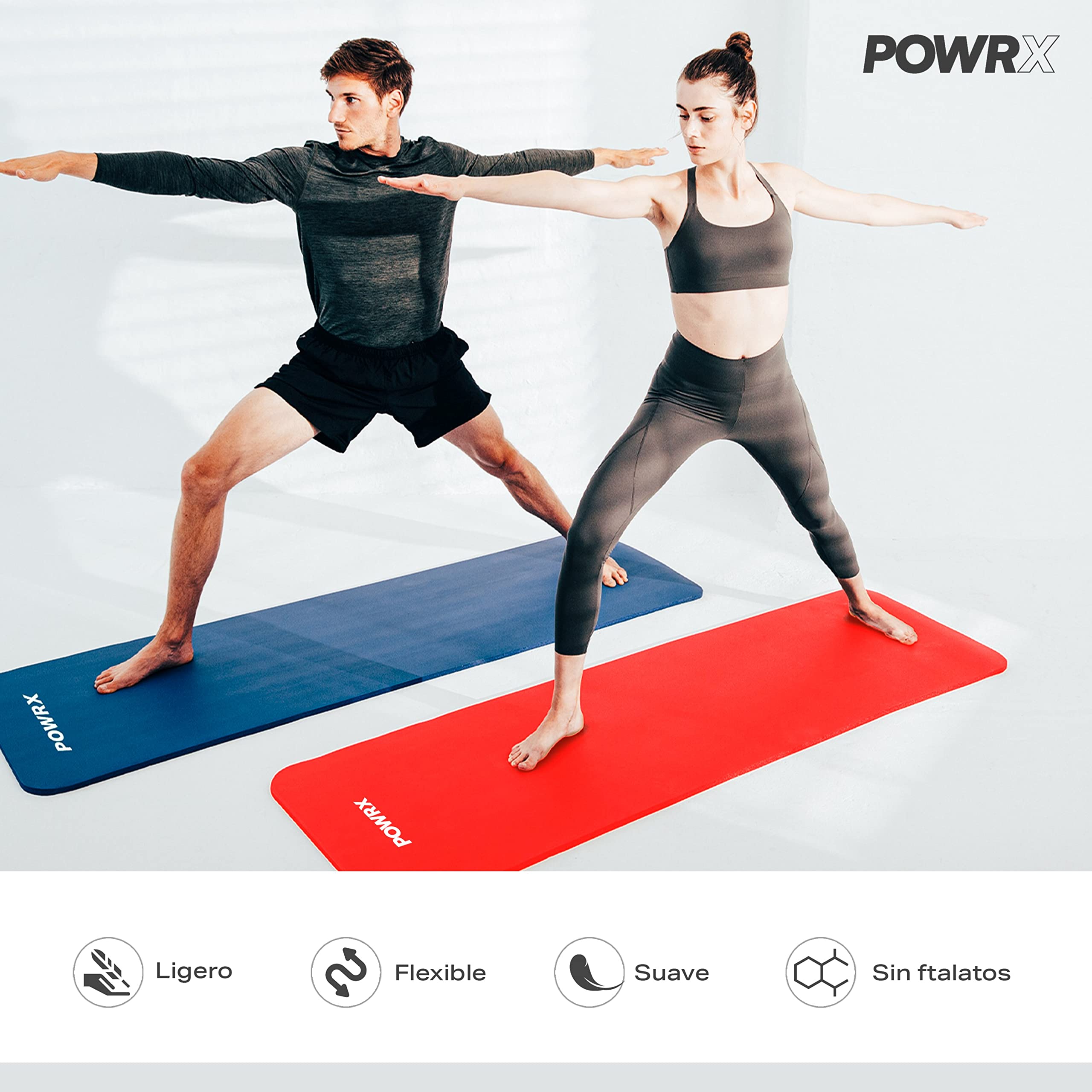POWRX - Colchoneta fitness antideslizante 190 x 60, 80, 100 cm - Esterilla ideal para yoga, pilates y ginnasia - Extra suave y Grosor de 1,5 cm - Ecológica con cinta para transporte y funda + Poster