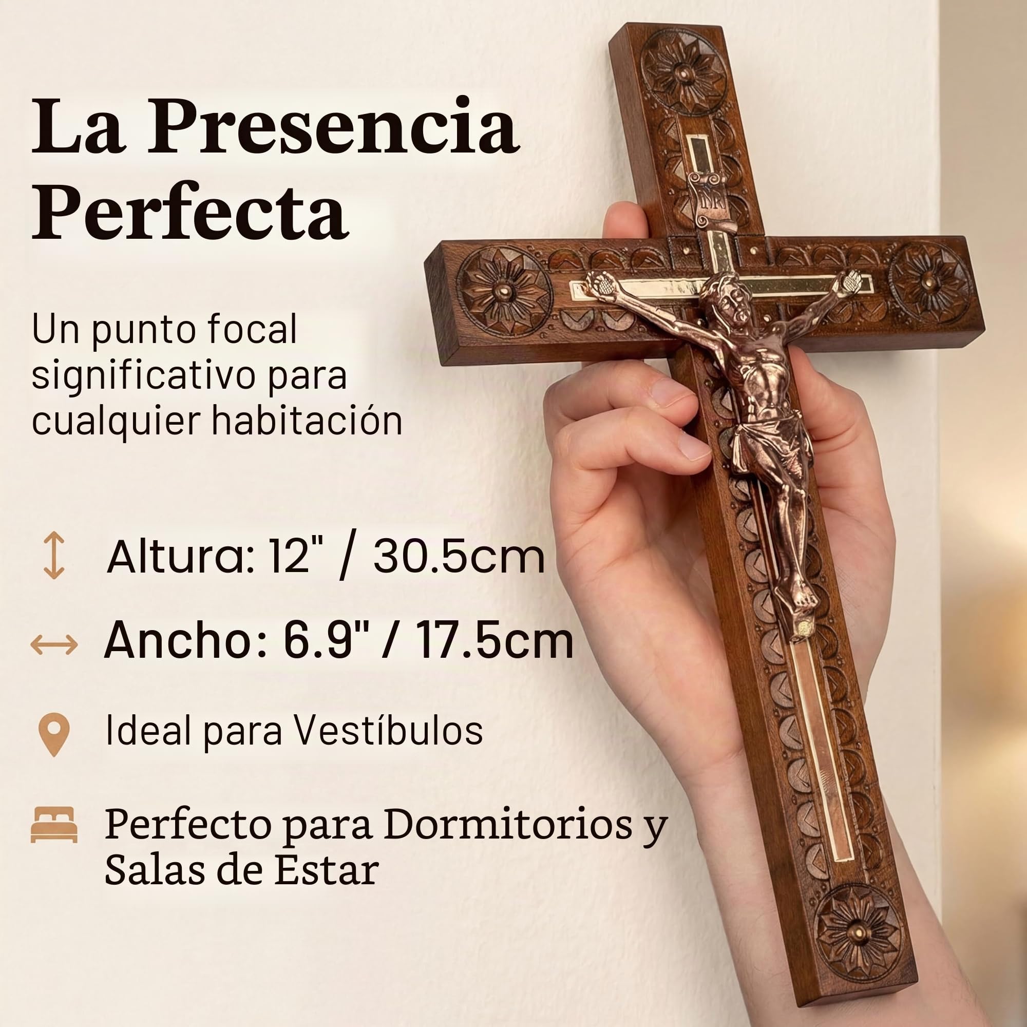 Woodvio - Cruz de pared de madera hecha a mano, acabado tallado a mano, crucifijo católico