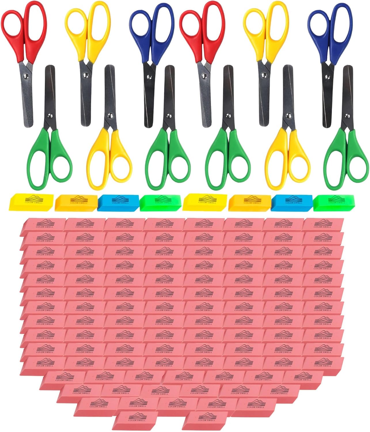 Color Swell Bulk Kids Scissors (36 Pack) and Bulk Pink and Neon Erasers (108 Pack)