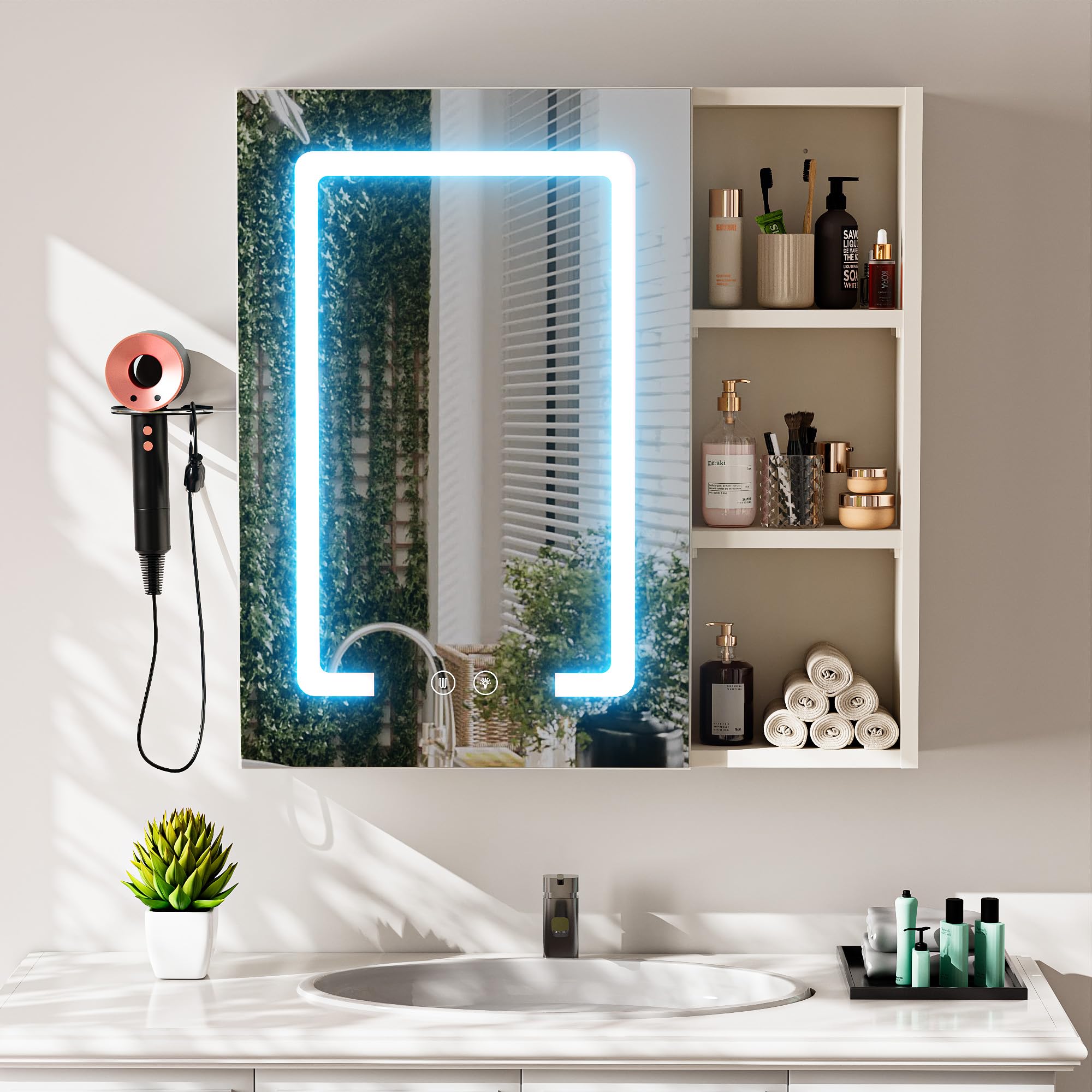 Bathroom Mirror Cabinets with LED Lights 600x600mm,Wall Mounted Bathroom Cabinets with Anti Fog Touch Sensor 3 Color Dimmable,Concealed Storage