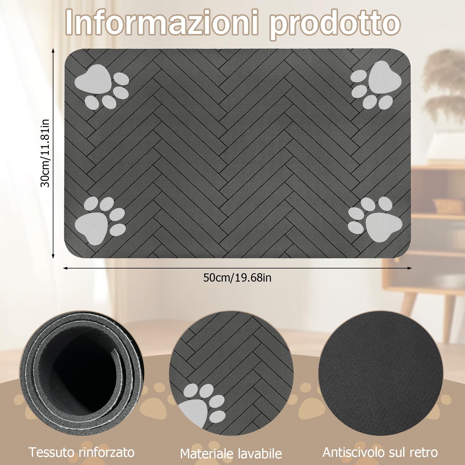 Tappetino Assorbente per Cani e Gatti, Tappetini di Alimentazione, Antiscivolo e Lavabile, Asciugatura Rapida in Diatomea, Tovaglietta per Ciotole di Animali Domestici, Grigio Scuro, 30 x 50 cm