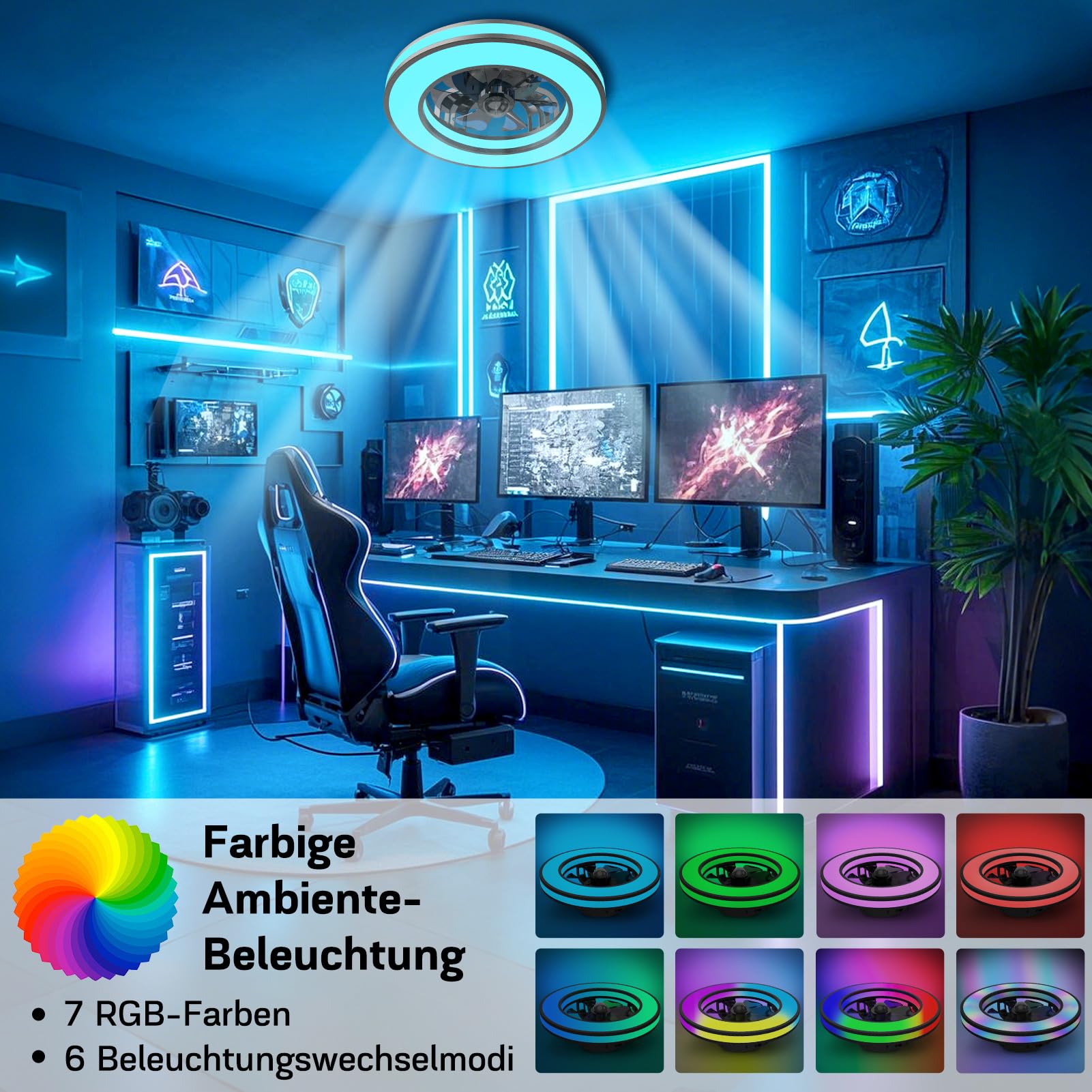 Nigecue 50W Deckenventilator mit Beleuchtung, Ø42CM, Fernbedienung, 3000K-6500K, RGB, 6 Windstufen, Timer, 3200lm