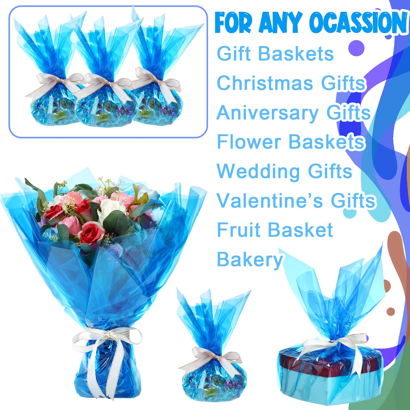 Seajan Rollo de celofán azul transparente de 32 pulgadas x 200 pies, papel de regalo de celofán azul transparente, película de color para cestas de flores, ramo de bricolaje, dulces de Navidad,