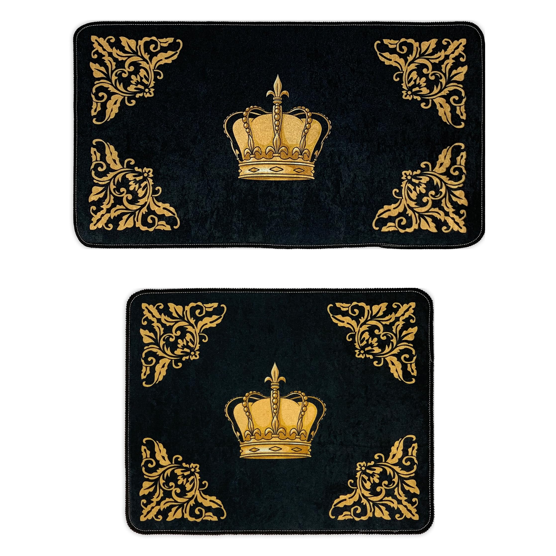 Badezimmerteppich Badematte Duschmatte Badvorleger Duschvorleger Fußmatte Krone Muster Set 2 teilig in schwarz Gold - rutschfest waschbar Fussbodenheizung geeignet flauschig - 2er SET, Design3: Krone