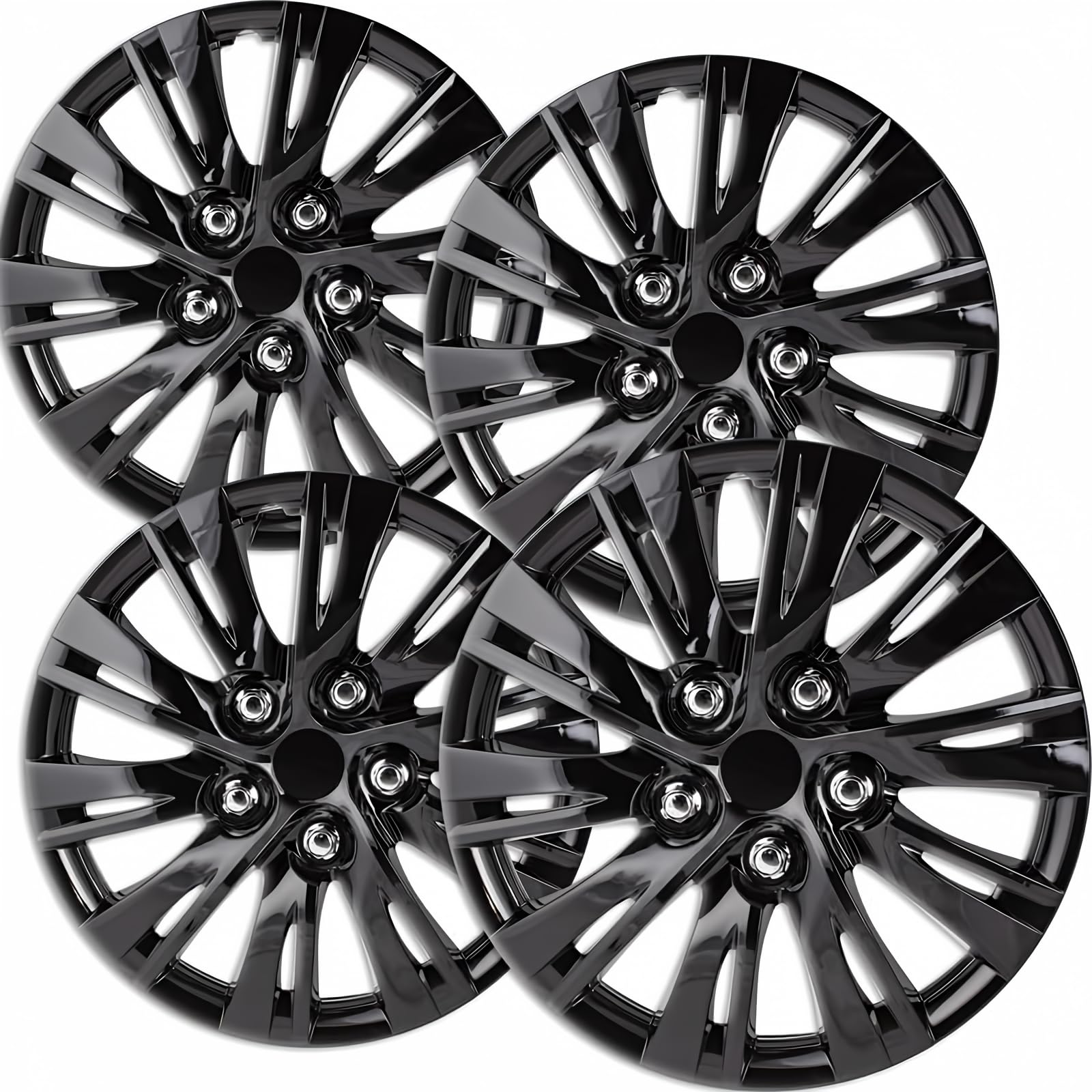 Fuel Rider 15 inch Gloss Black Universal Hubcap Wheel Covers for Standard Steel Wheels w/10 Split Spoke - Auto Tire Replacement Exterior Cap Cover