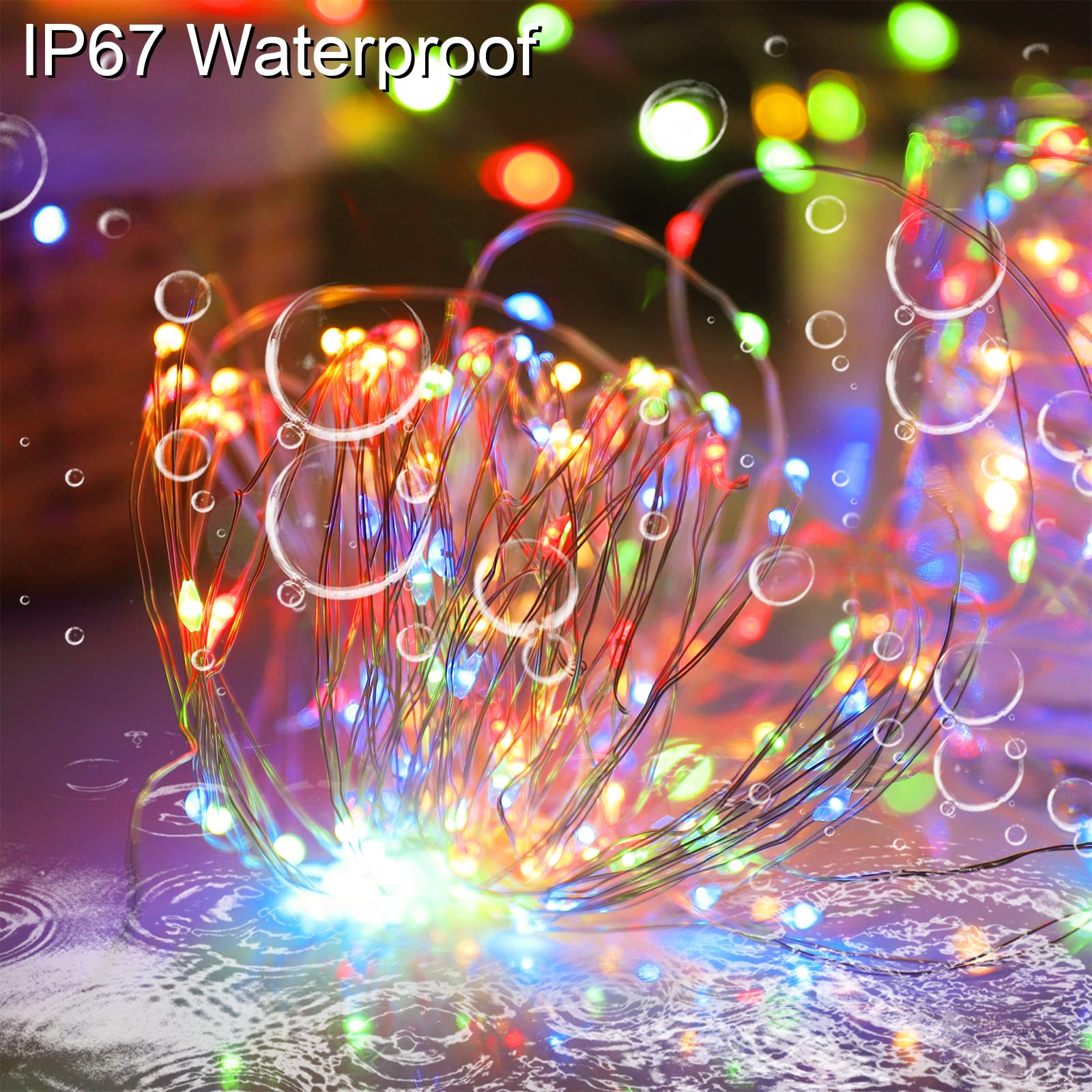 Solar-Weihnachts-Lichterkette, mehrfarbig, für den Außenbereich, wasserdicht, 100 LEDs (2 Stück), 8 Modi, Kupfer-Lichterkette für Valentinstag, Garten, Terrasse, Außenbereich (mehrfarbig, 2 Stück)