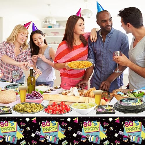 Miniatura 8 de Suministros para fiestas de los años 80  20-81 piezas, platos, servilletas, manteles, tenedores para decoraciones de fiesta de cumpleaños temáticas