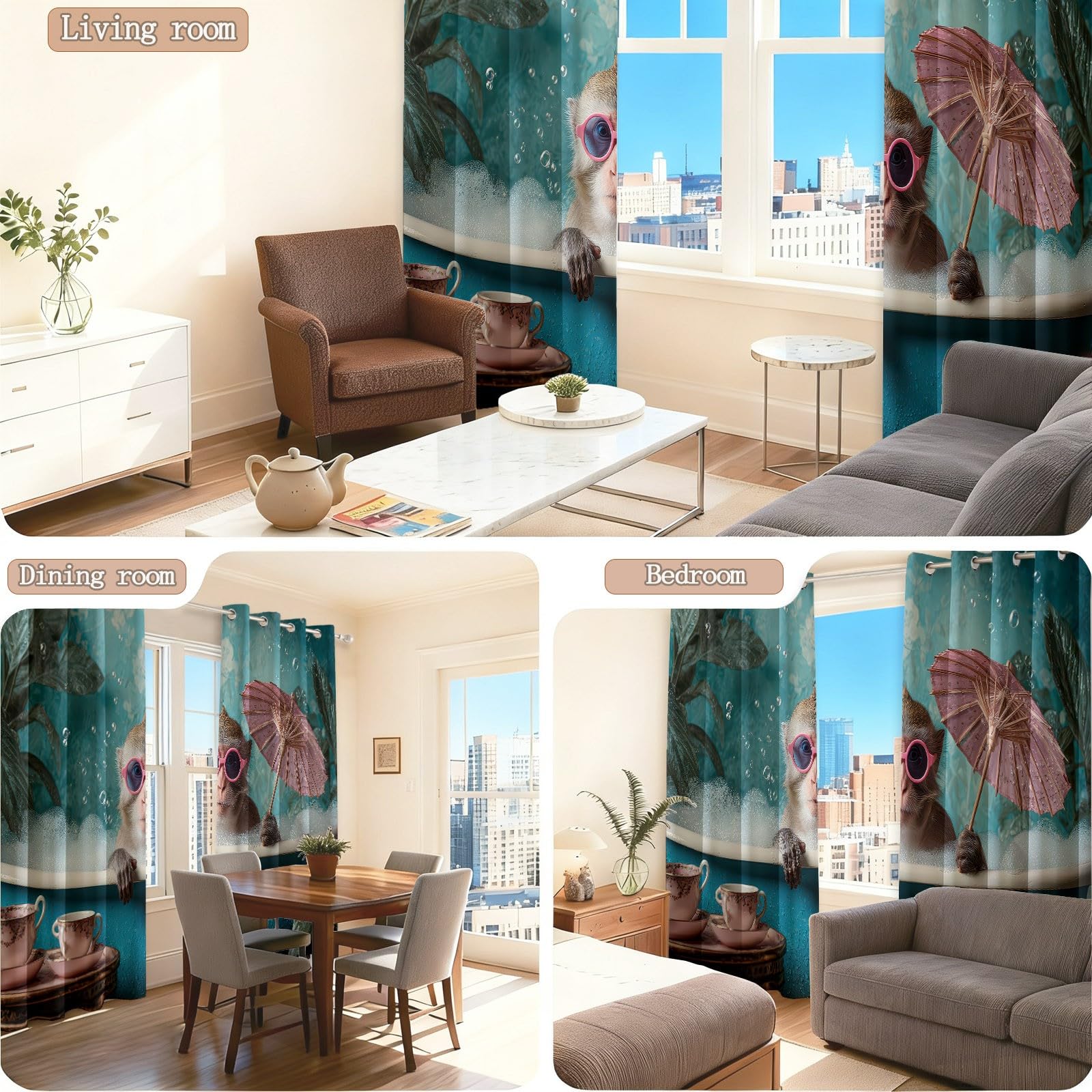 Generisch Gardinen Vorhänge Blickdicht Grün - Hochwertiger Badewanne mit Cartoon-Affen Print H200 x B70 cm (2er Pack) Schalvorhänge mit Stangentasche für gehobenes Wohnambiente