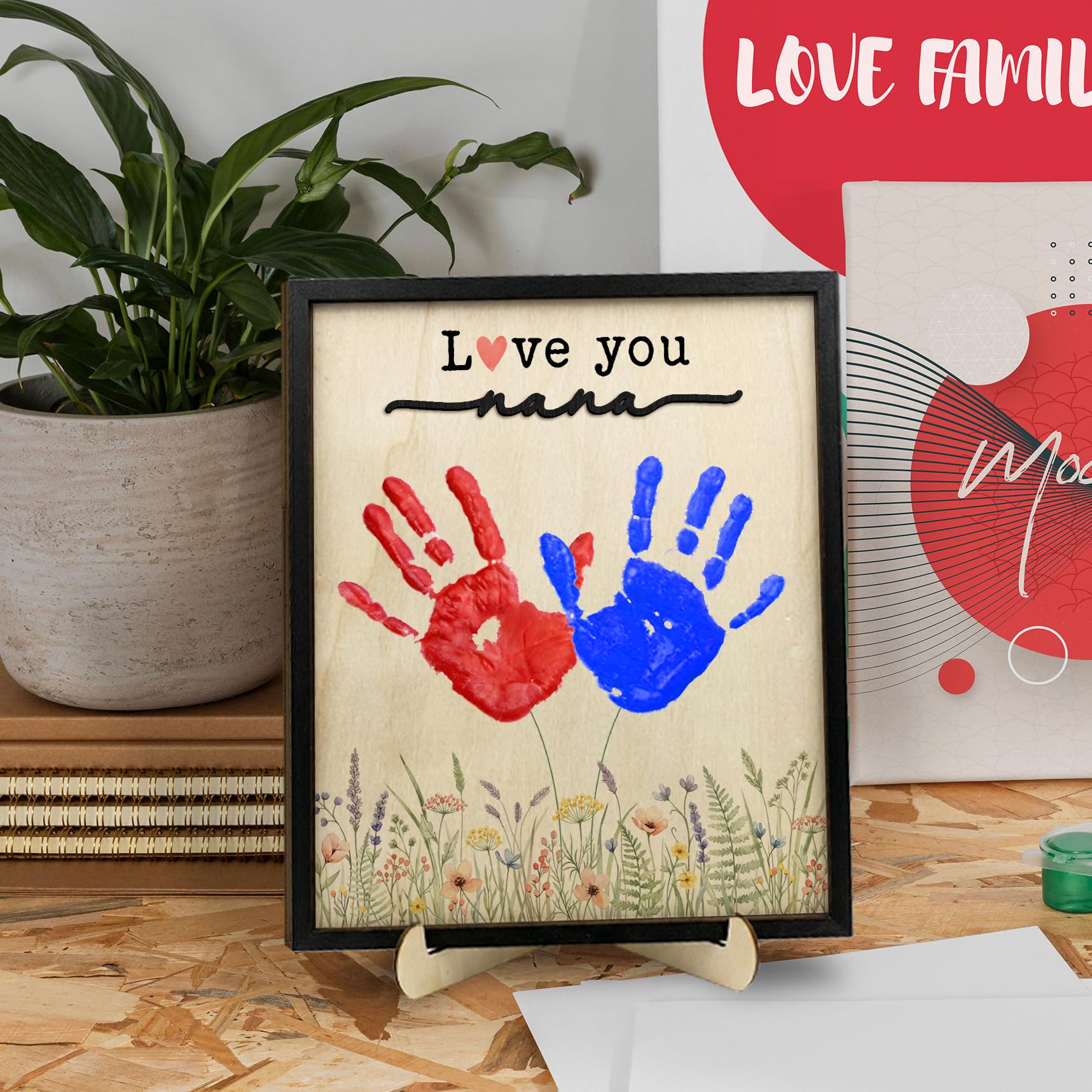 FONDCANYON Kit de huellas de manos para el día de la madre, regalo de cumpleaños para el día de la madre, regalo de cumpleaños de nietos, kit de manualidades con pinturas acrílicas, recuerdo floral "I