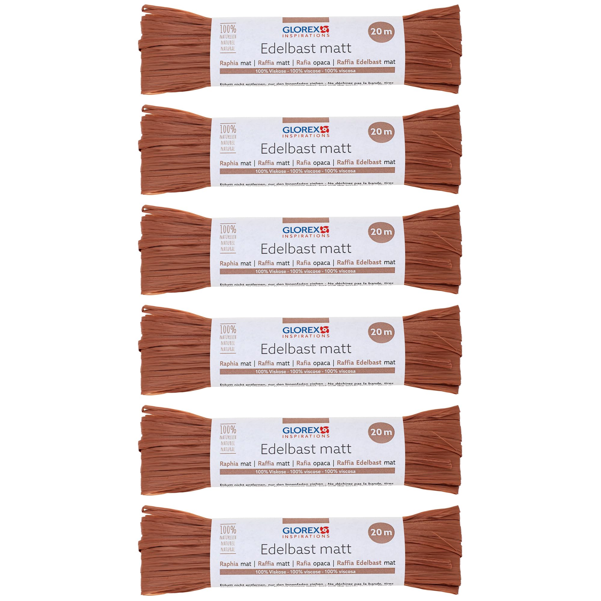 GLOREX 6 9400 513K Raffia Edelbast, 6 Bundles Each 20 m Matte Raffia, Light Brown, for Crafts, Decoration or for Arrangements, Bouquets and Other Floristry Works
