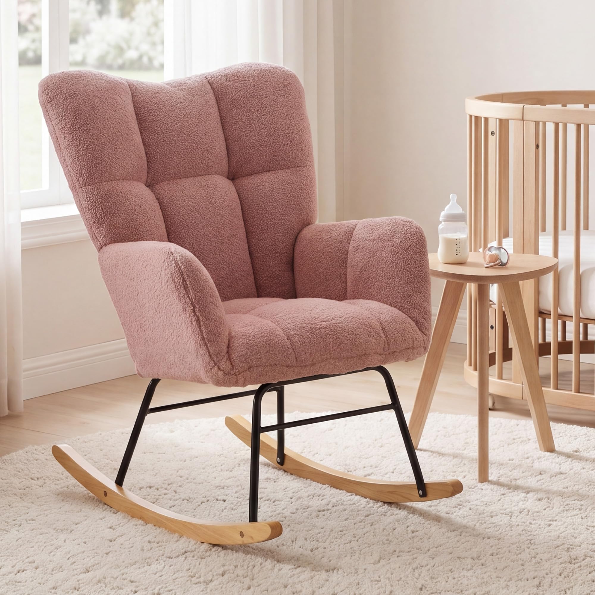 DEKKETO Fauteuil à Bascule - Rocking Chair, Fauteuil Relax Scandinave en Tissu Bouclette, pour Salon, Allaitement, Chambre, Pieds en Bois Massif, Rose