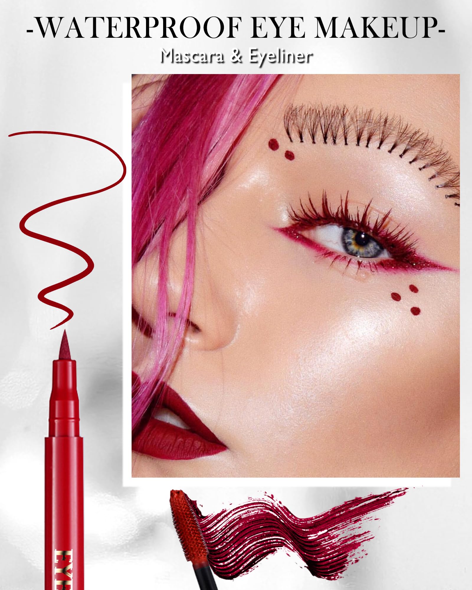 Red Waterproof Mascara & Eyeliner Set, 5D Silk Fiber Liquid Lash Extensions Colored Tubing Mascara Volume and Length - Image 2