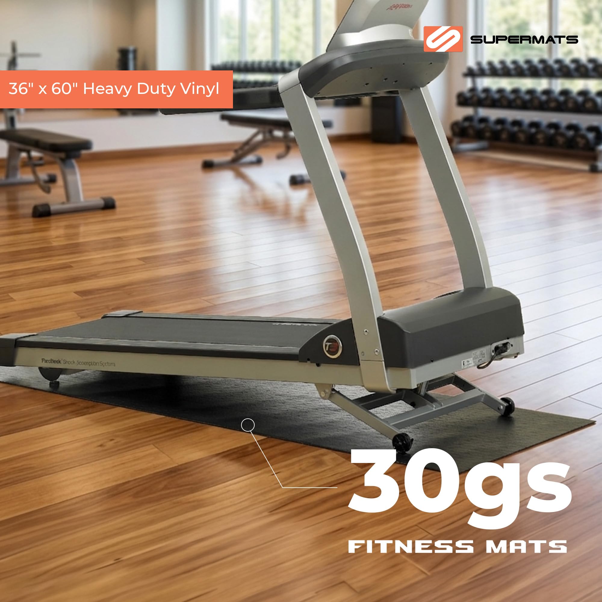 SuperMats Alfombrilla de equipo resistente 30GS fabricada en Estados Unidos para cintas de correr, máquinas elípticas, máquinas de remo, bicicletas reclinadas y equipo de ejercicio (2.5 pies x 6 pies)