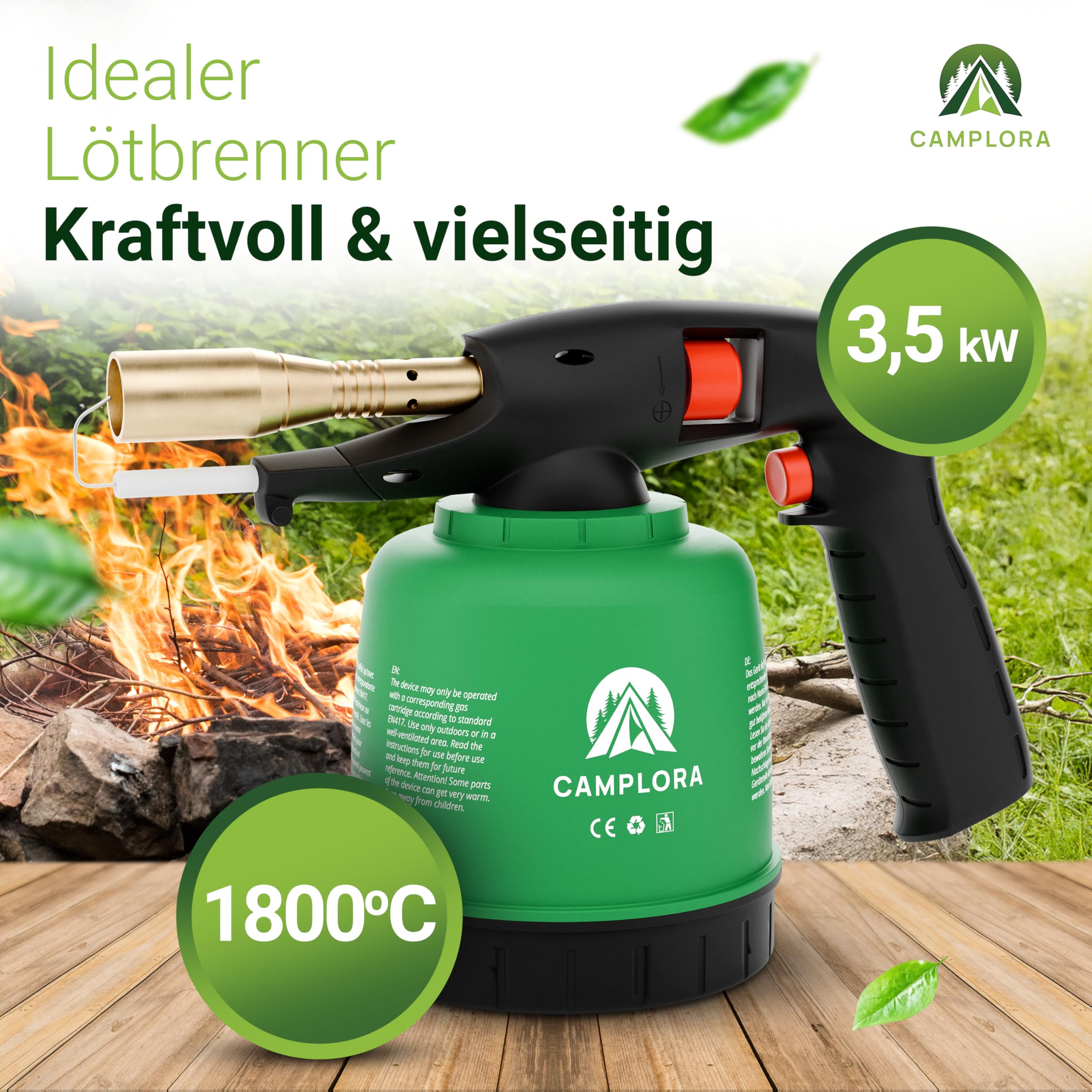 CAMPLORA Chalumeau avec allumage piézoélectrique et 10 cartouches de 190 g, brûleur à gaz pour atelier, fer à souder Bunsenbrenner
