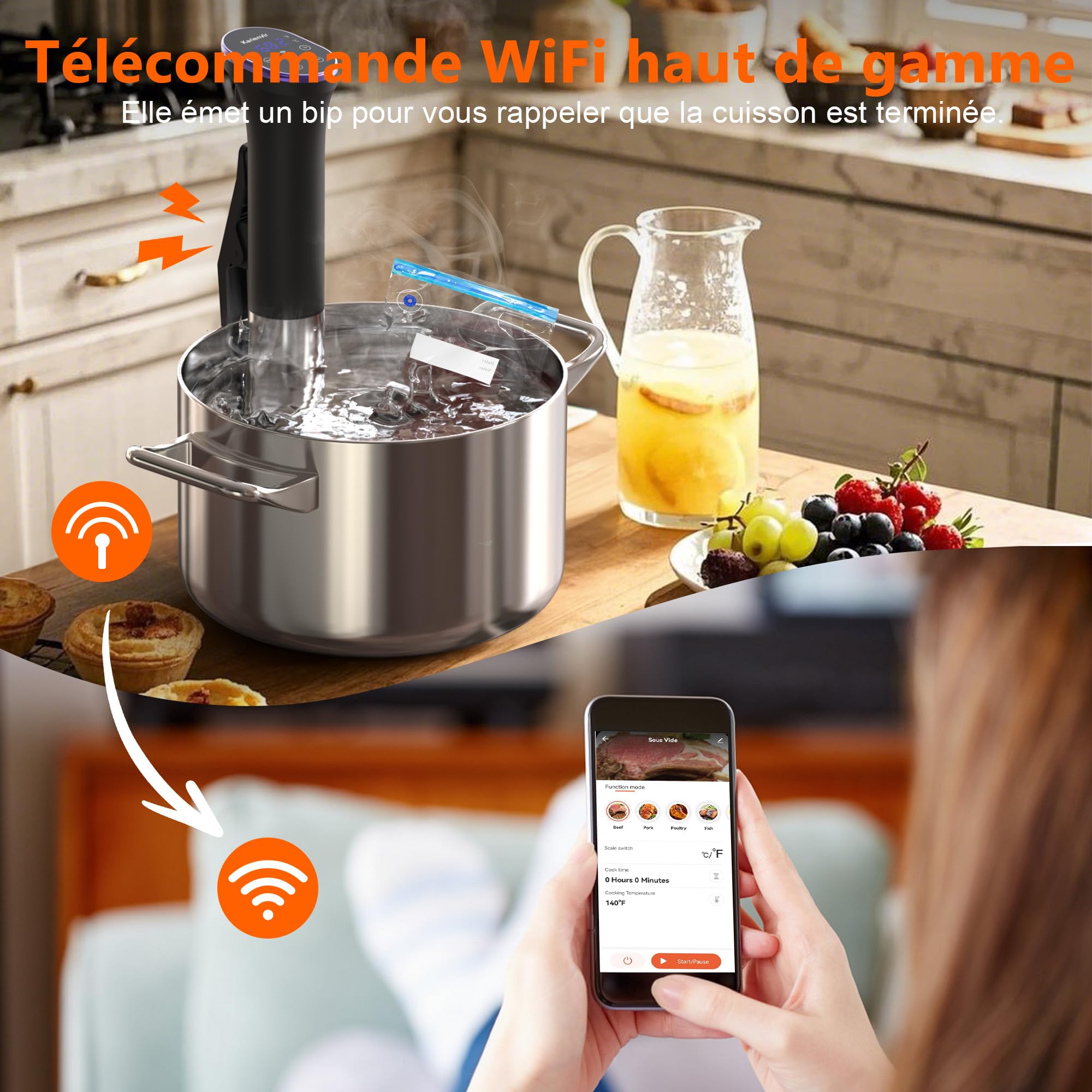 Cuiseur Sous Vide, Imperméable à l'eau,Calculateur dImmersion Cuisinière, Thermostat Réglable Contrôle Précis de la Température, Écran Tactile LCD 10 à 90℃