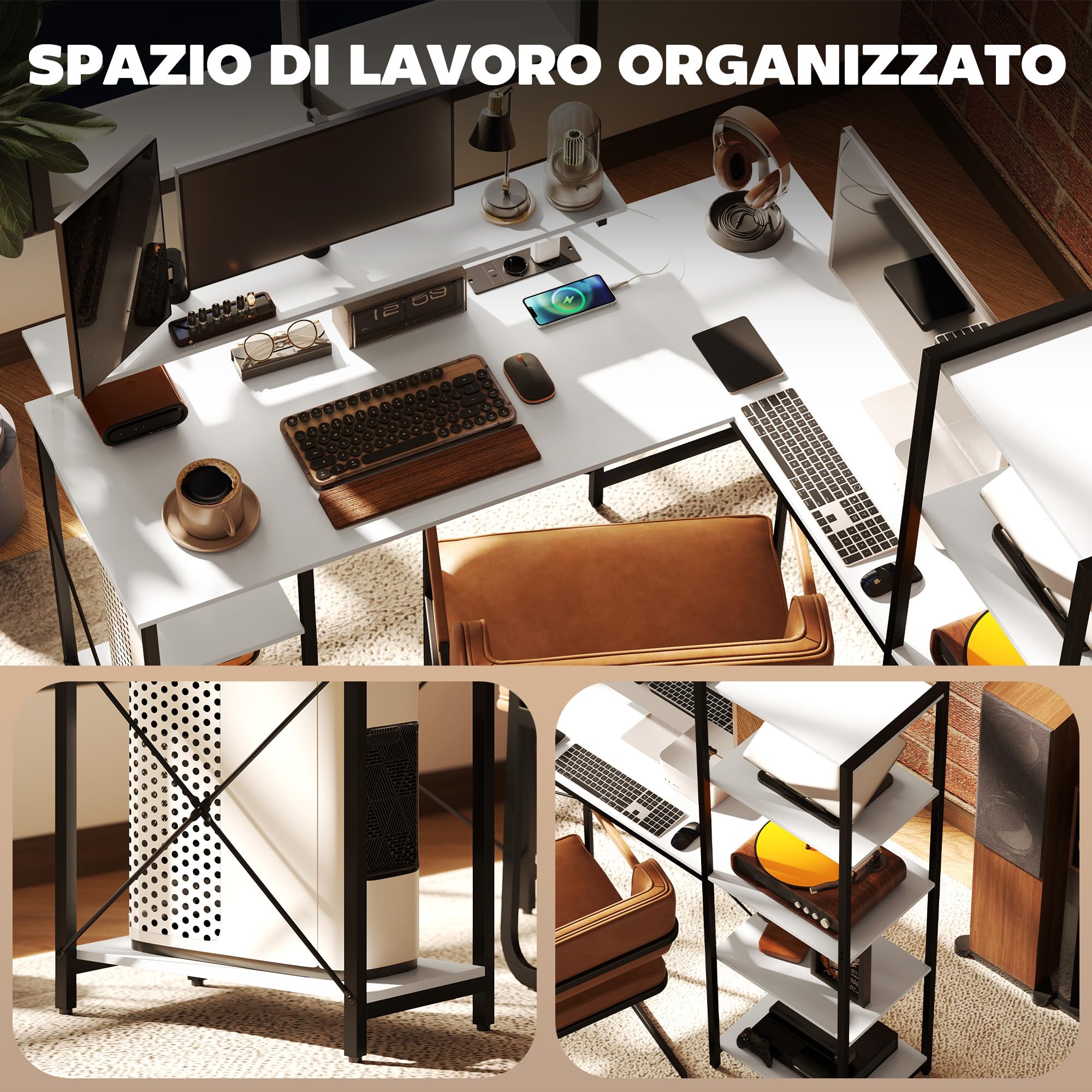 HOMCOM Scrivania Angolare per Computer 137x140cm ad L Reversibile Nero | Doppio Supporto per Monitor, Prese Elettriche, Tavolo per PC con Libreria, per Ufficio Studio e Camera da Letto