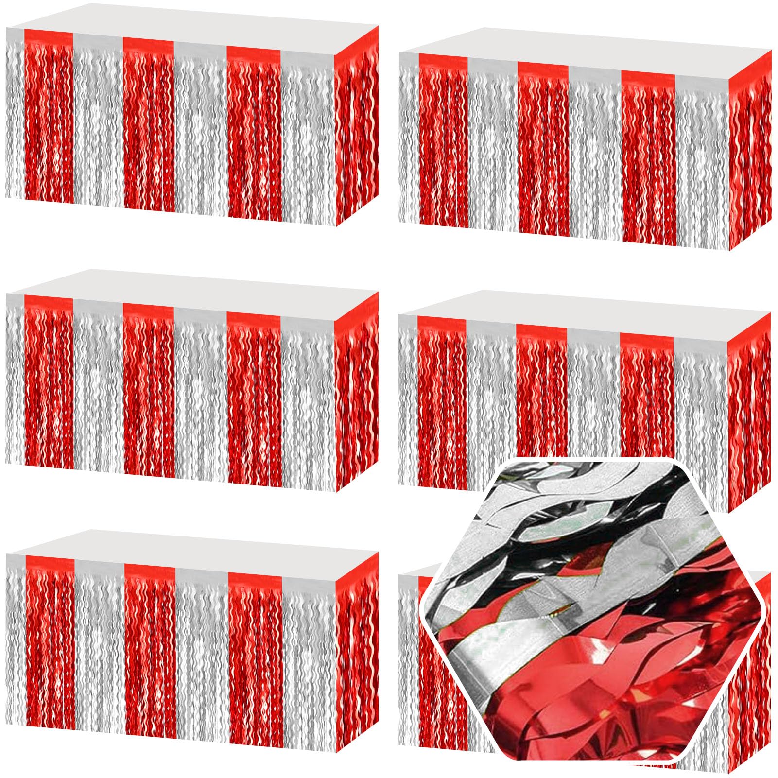 6 Pack 29 x108 Inch Red Silver Wave Foil Fringe Table Skirts Metallic Banner for Tinsel Streamer Garland Backdrop for Parade Floats, Mother's Day, Easter, Wedding, Birthday Party Decoration