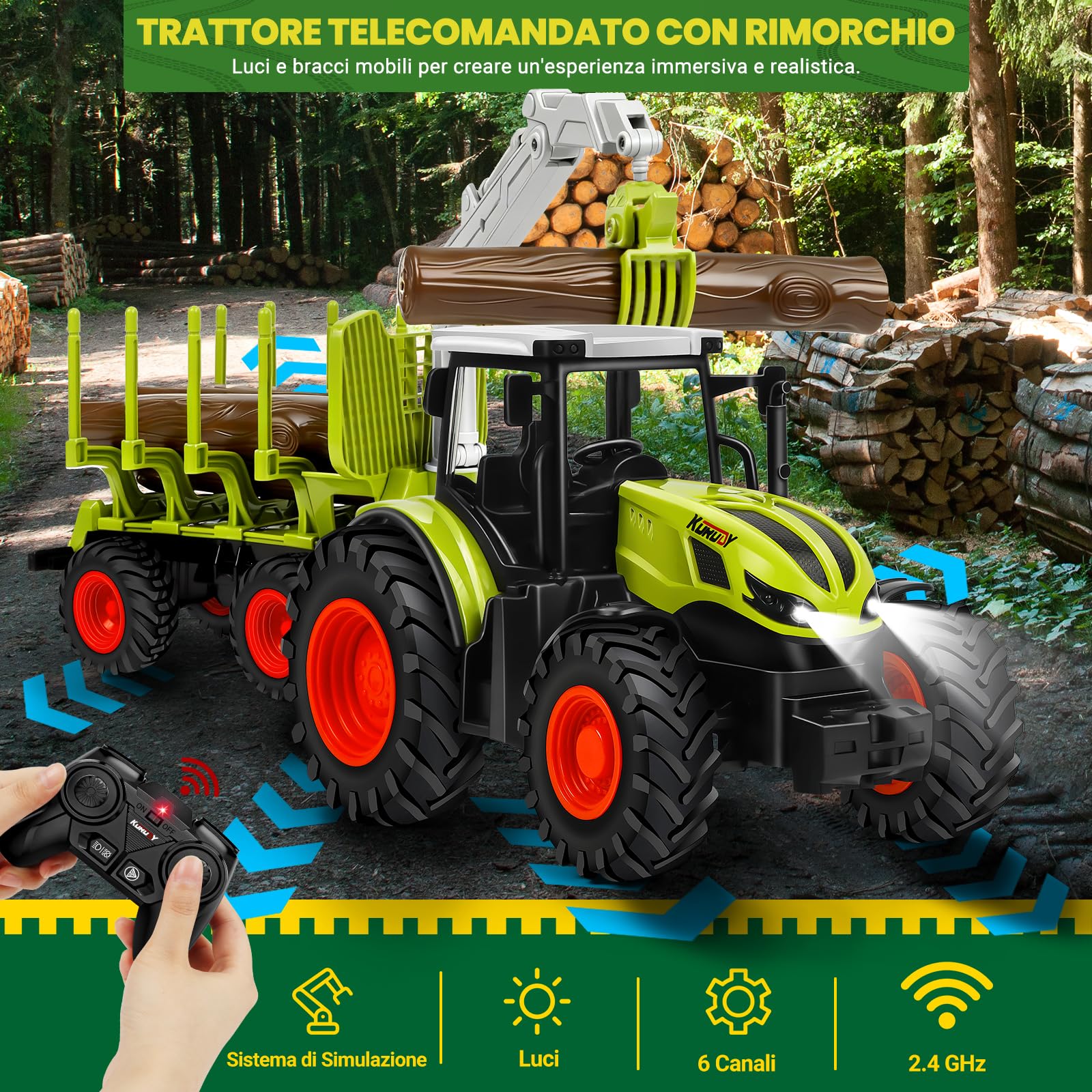 BuzzoXerex RC Trattore Telecomandato per Bambini, 2,4 Hz Trattore Radiocomandato con Rimorchio Giocattolo e Luce, Trattore Giocattolo per Bambini 3 4 5 anni