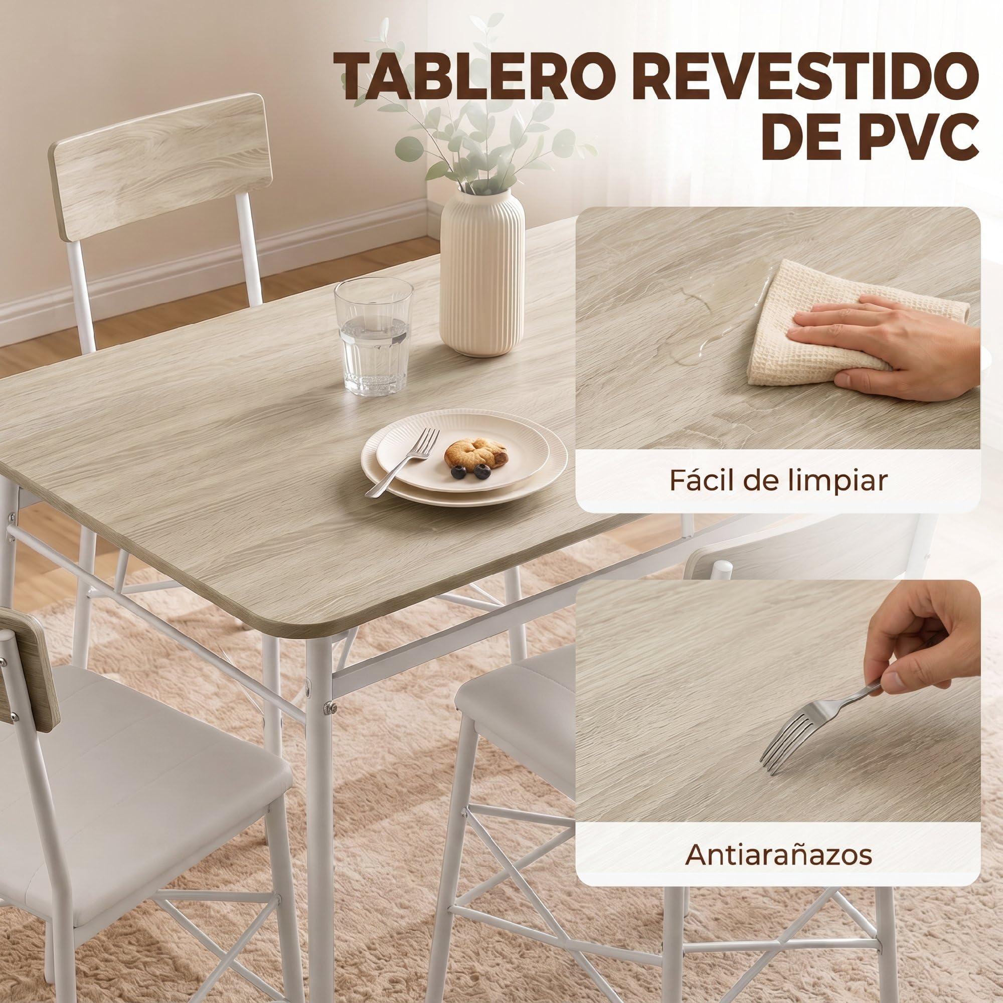 HOMCOM Juego de Mesa y Sillas de Comedor 5 Piezas Roble y Blanco | Mesa de Cocina Rectangular con 4 Sillas Acolchadas, Estilo Moderno, Marco Metálico, Espacios Pequeños, Salón, 106x66x75 cm