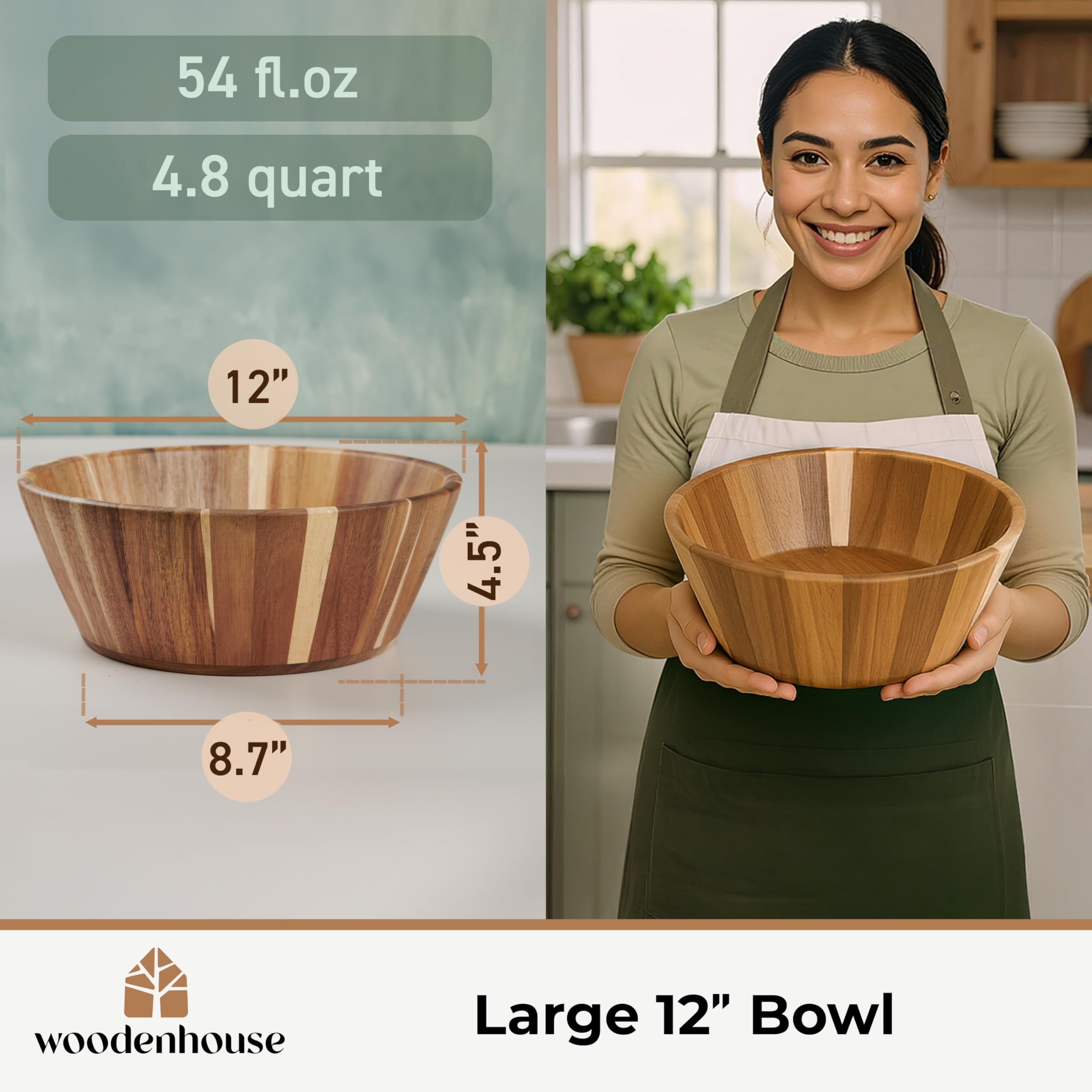 Woodenhouse - Ensaladera de madera, tazón de madera, diseño redondo de 12 pulgadas, gran ensaladera para servir, cuencos de frutas, hecho a mano, duradero y elegante accesorio de comedor de madera