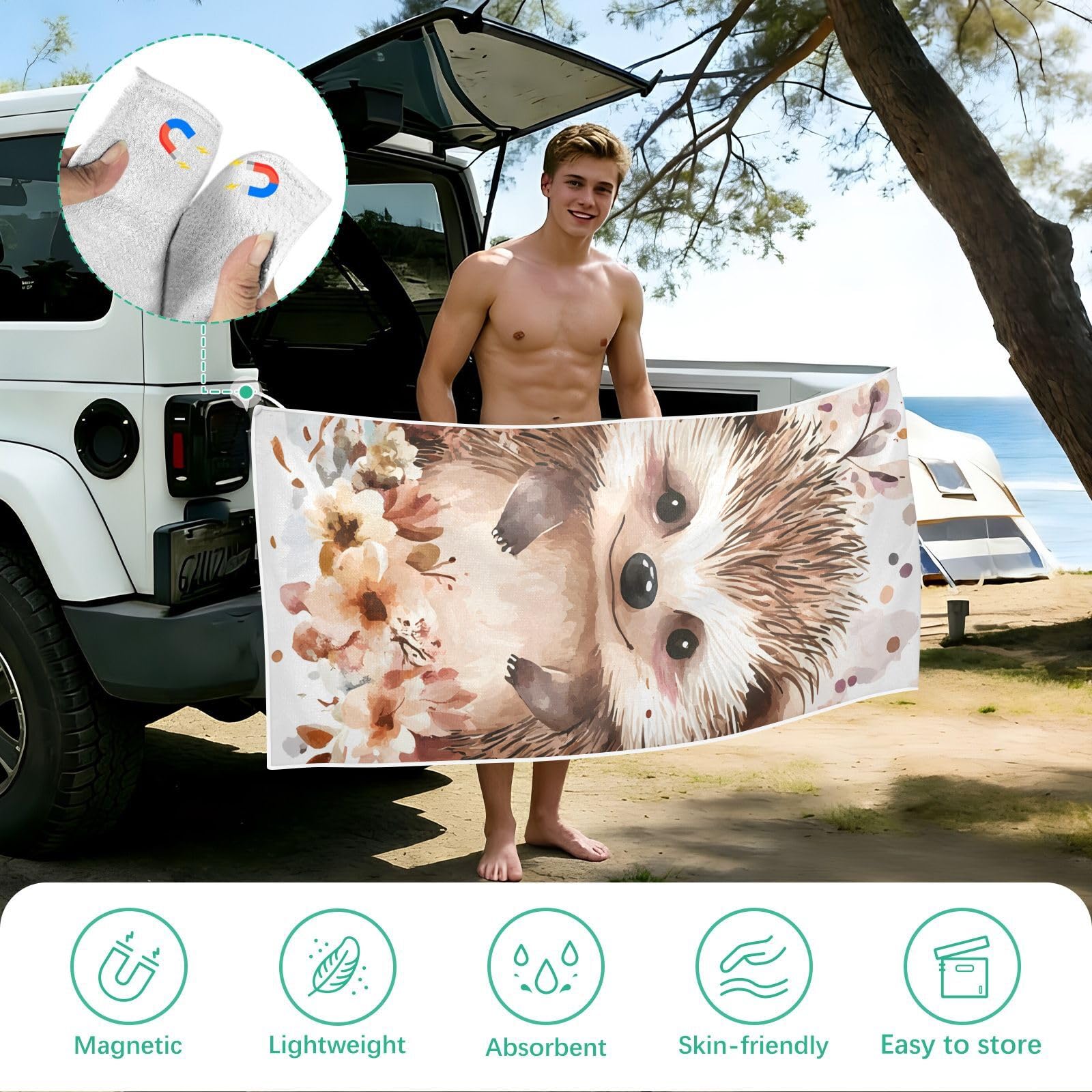 Toallas de playa grandes con bolsas de malla para adultos, toalla de baño de erizo de acuarela con cierre magnético, toalla absorbente de secado rápido para piscina, camping y viajes, 190 x 80
