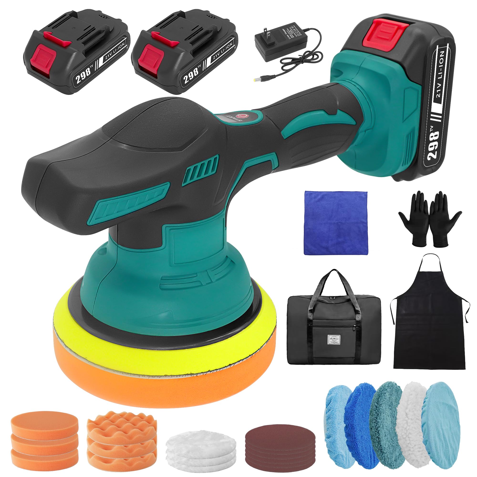 6 Inch Cordless Car Buffer Polisher, 8 Speed Control (2200-6000 RPM), 2x2.0Ah 21V Battery & 20 Polishing Pad Kit - Dual Action Polisher for Car, Boat,