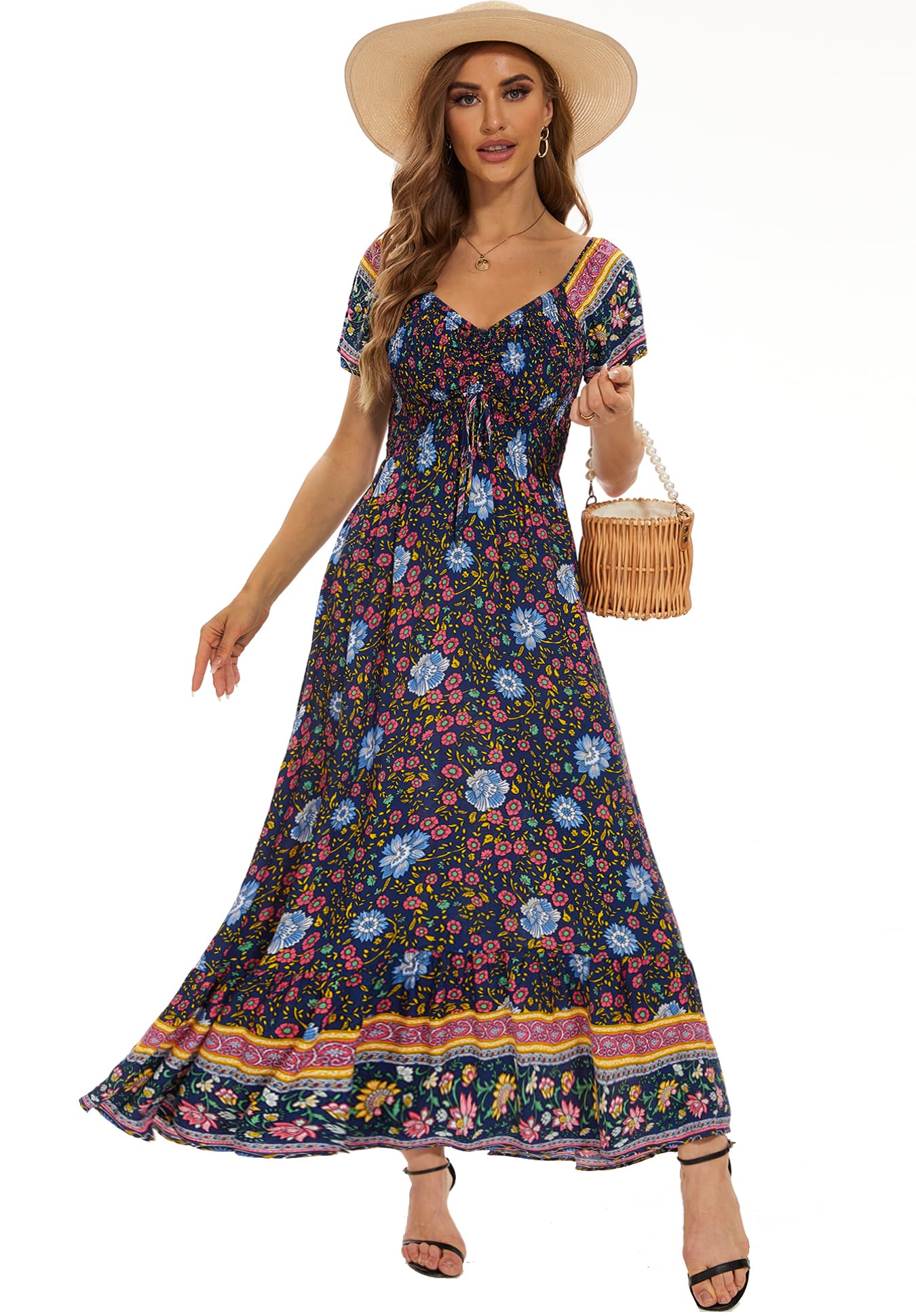 Summer Floral Smocked Maxi Dress for Women 2026 Casual Flowy Tiered A Line Boho Beach Party Long Dresses with Short Sleeve