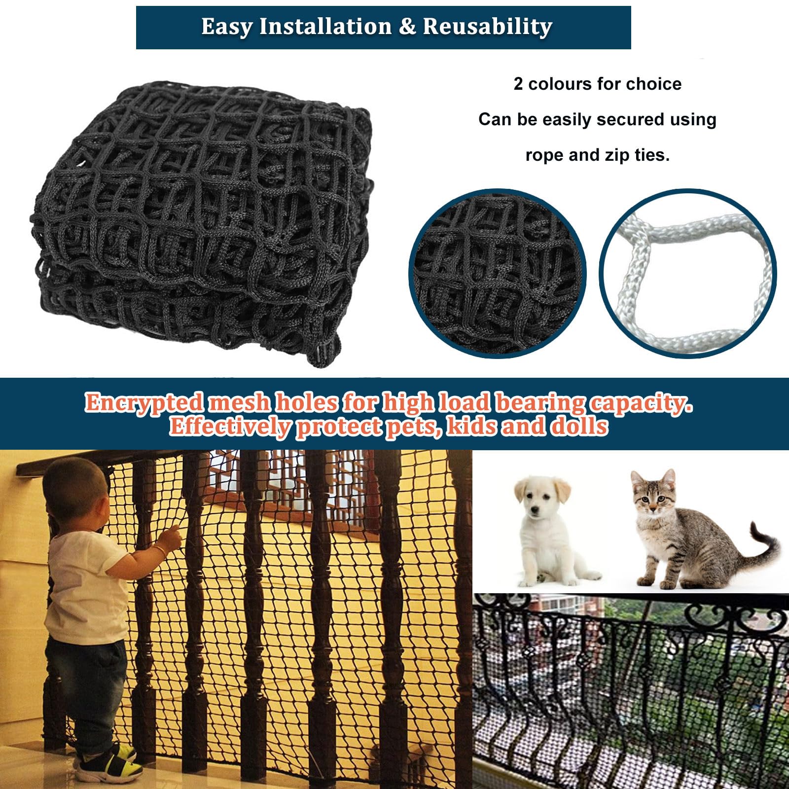 Universal Sicherheitsnetz Kinder Schutznetz Polyester Knotenlos Treppe Zaun GeländerSicherheitsschutz Anti-Fall für Haustier Katzennetz Balkone Terrassen Fenster(Size:2*5m(7*16ft),Color:schwarz)