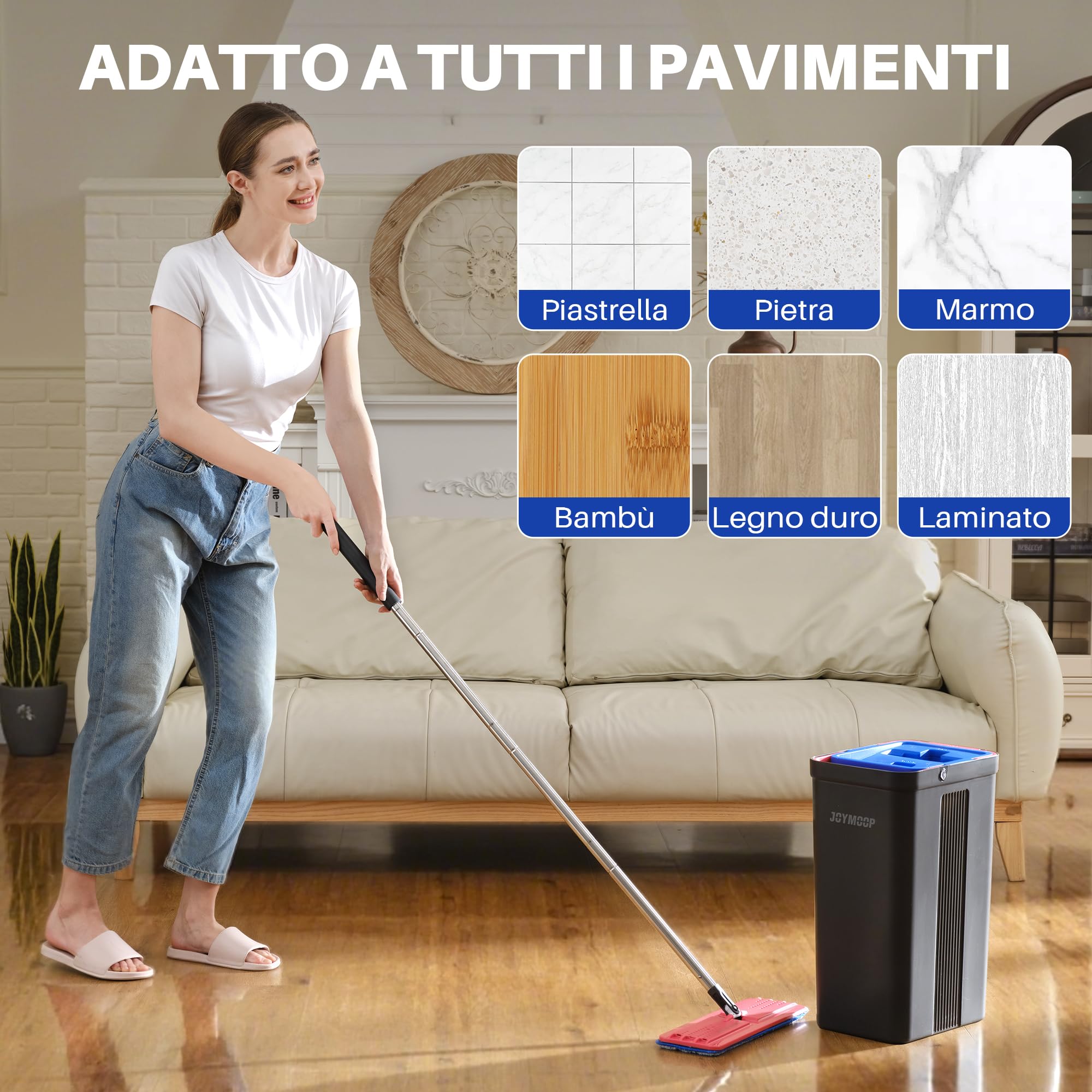 JOYMOOP set mocio lavapavimenti e secchio con strizzatore, 4 panni in microfibra lavabili, uso a secco e umido, sistema pulizia pavimenti - Nero + Rosso + Blu Ardesia
