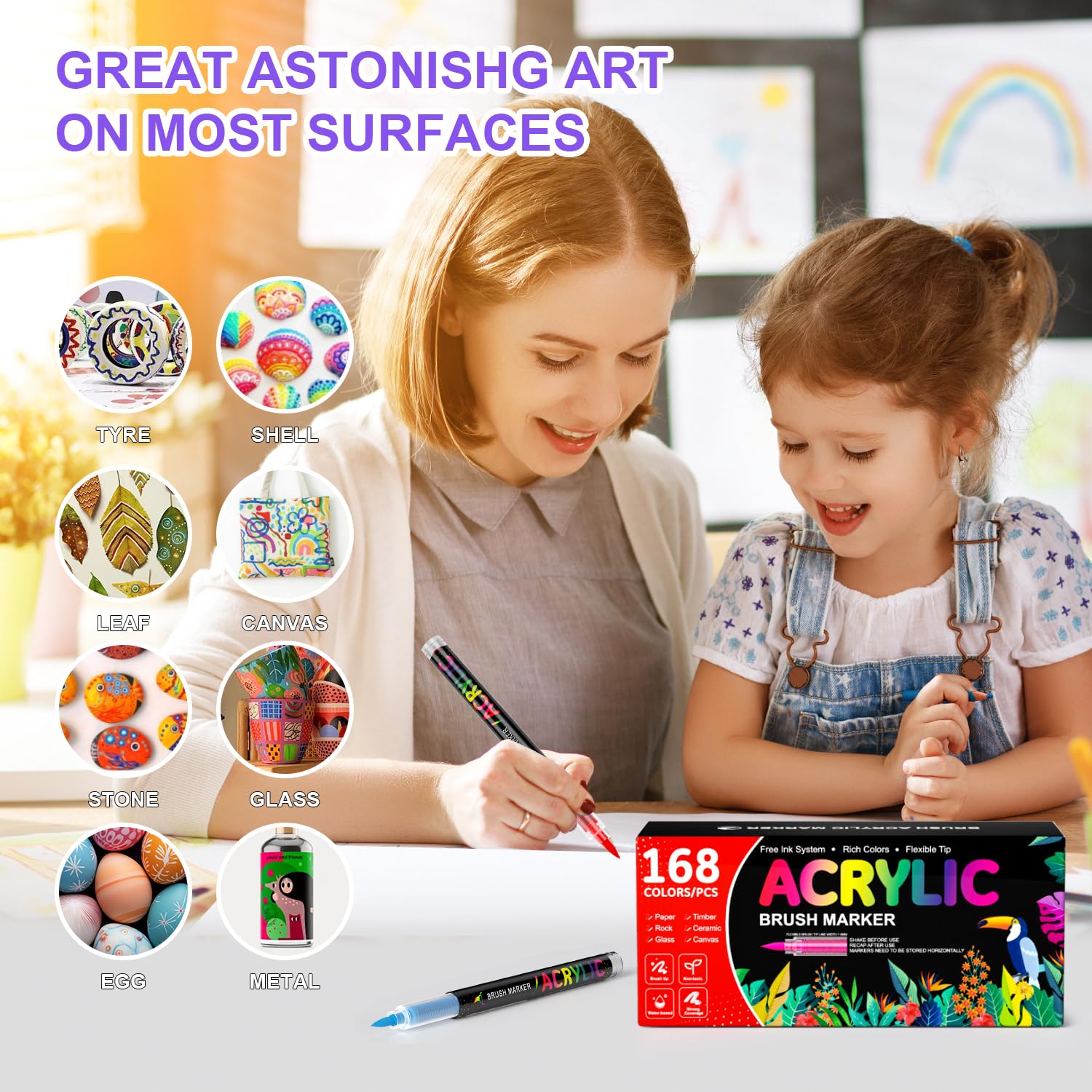 168 Farben Acrylstifte für Steine, Acrylic Marker Set, Wasserbasierte Farbmarkerstifte mit 1-5 mm Pinselspitze für Stein, Glas, Keramik, Leinwand, Papier, Holz und Bastelbedarf für Künstler