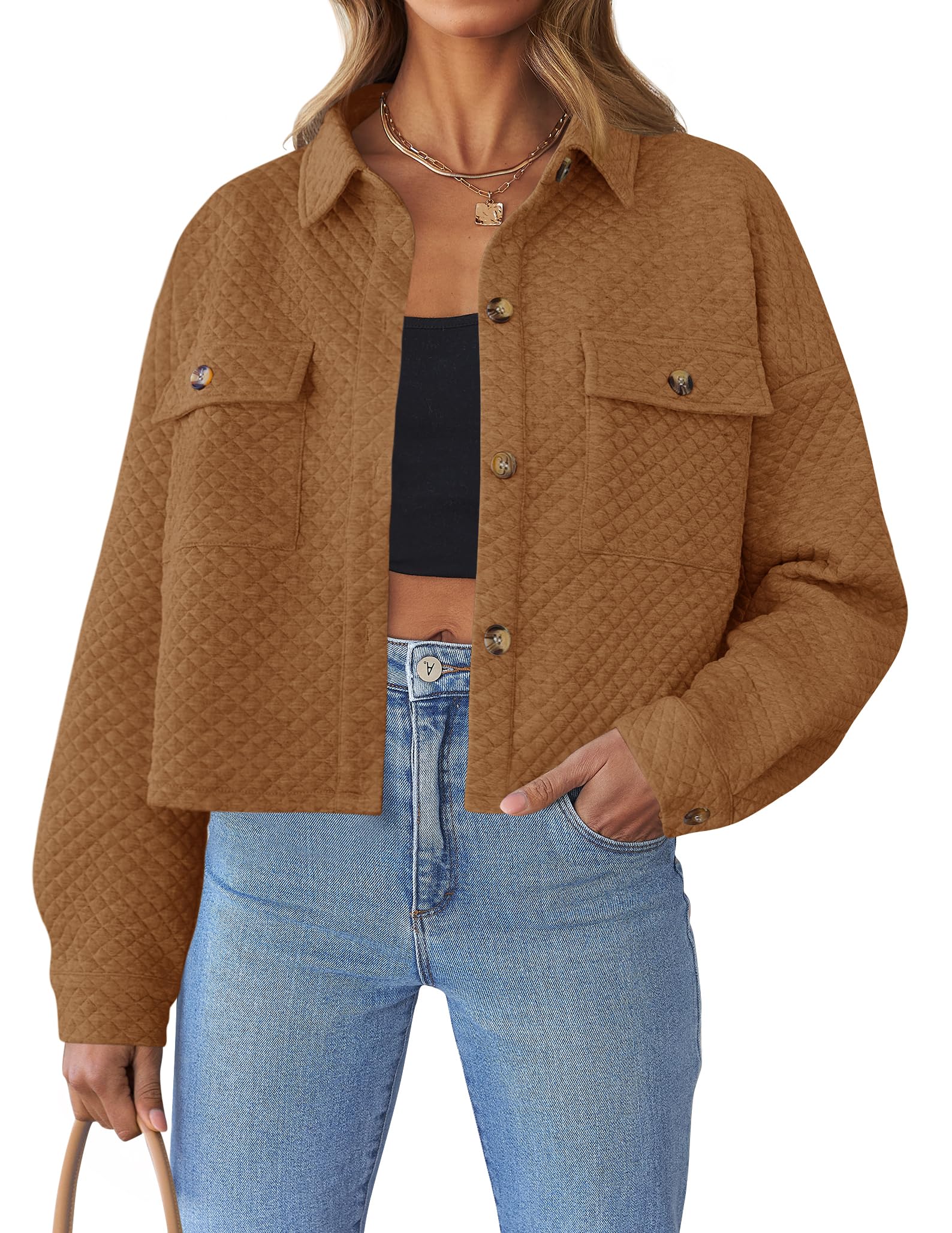 ZESICAWomen's Fall Casual Shacket Jackets 2024 Long Sleeve Button Down Lightweight Cropped Shirt Outerwear Coat with Pockets