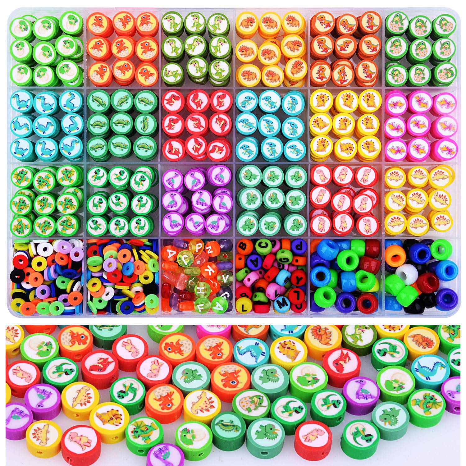 1000PCS Dinosaur Polymer Clay Beads Bracelet Making kit, 24 Style Cute Fun Beads Beads Charms for Jewelry Necklace Earring Making DIY Accessories for Women Girls