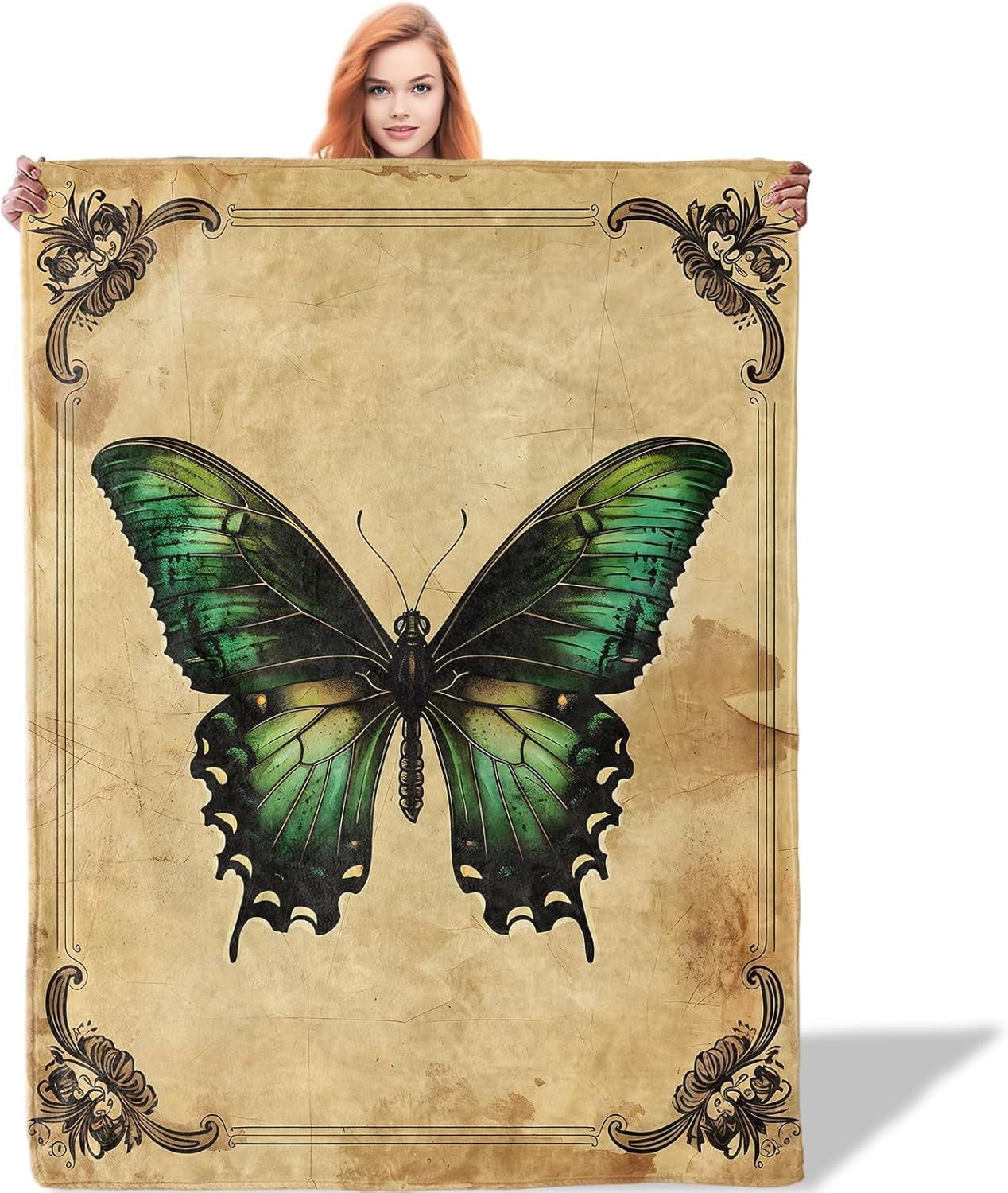 Vintage Green Butterfly Blanket, Lightweight Soft Fleece Blankets Gifts for Women Girls Boys Adults, Throw for Living Room, Couch, Home, Sofa Decor, 50"x60"