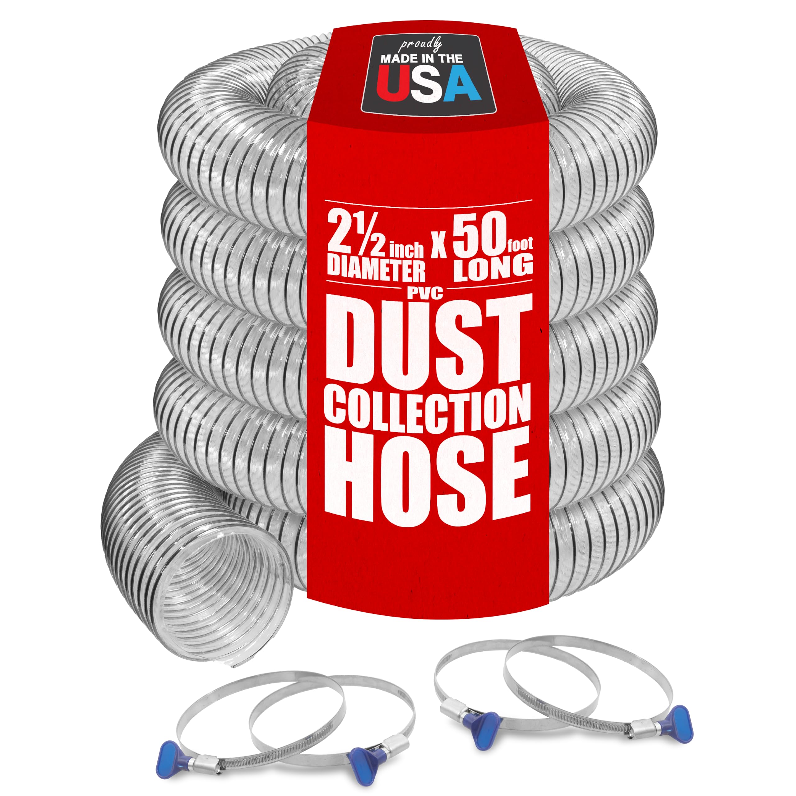 PVC Dust Collection Hose w/4 Thumbscrew Clamps, Puncture Resistant, Carbon Steel Wire, Clear Flexible PVC Dust Collector Hose, Proudly Made in USA (2 1/2" x 50')