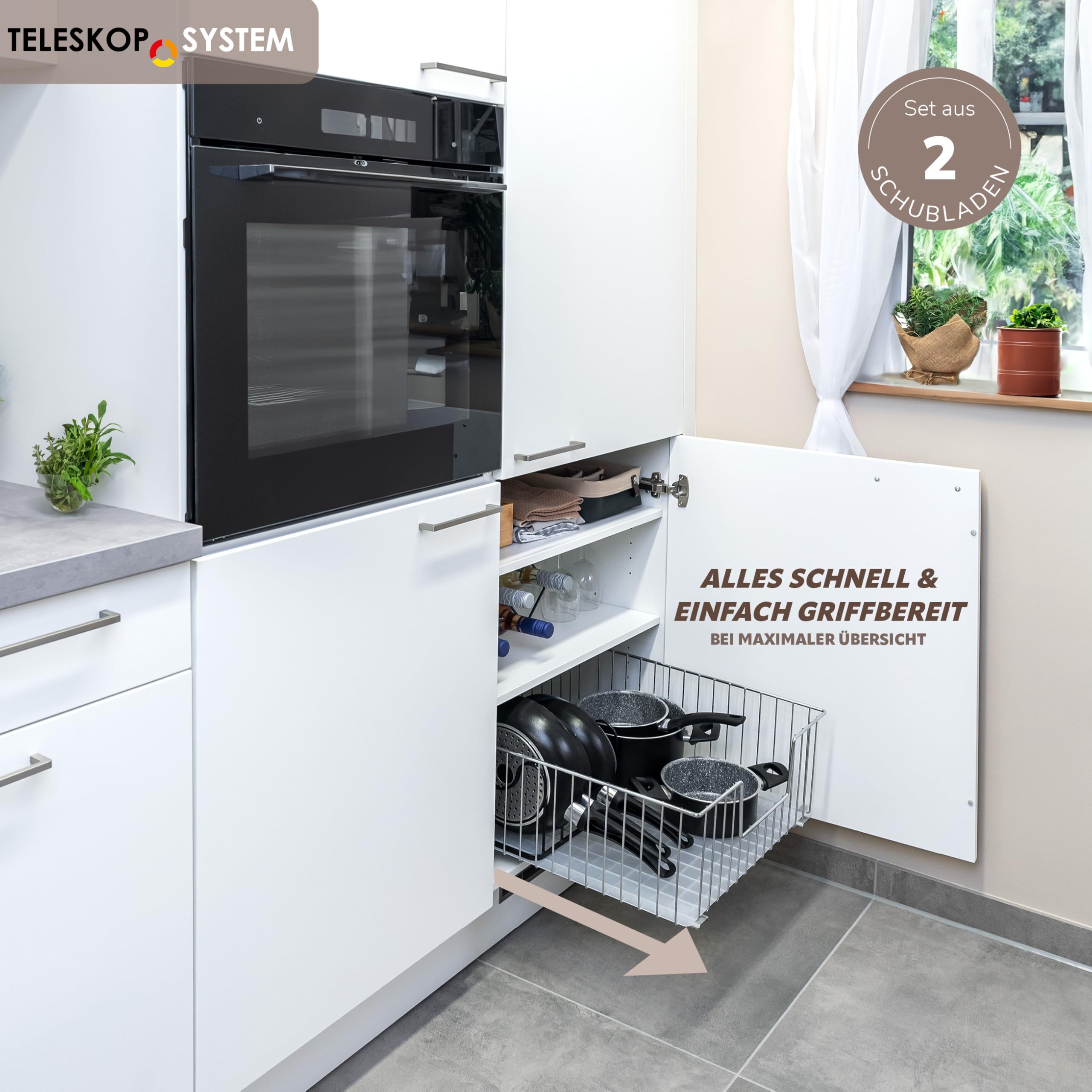bremermann Schrank-Korbauszug 2er Set 50 cm Breite mit Einlegeboden, Küchenschublade zum Nachrüsten, Vollauszug mit Teleskop-Schienen, ideal für Küche, Bad & Schlafzimmer aus Metall (Chrom)