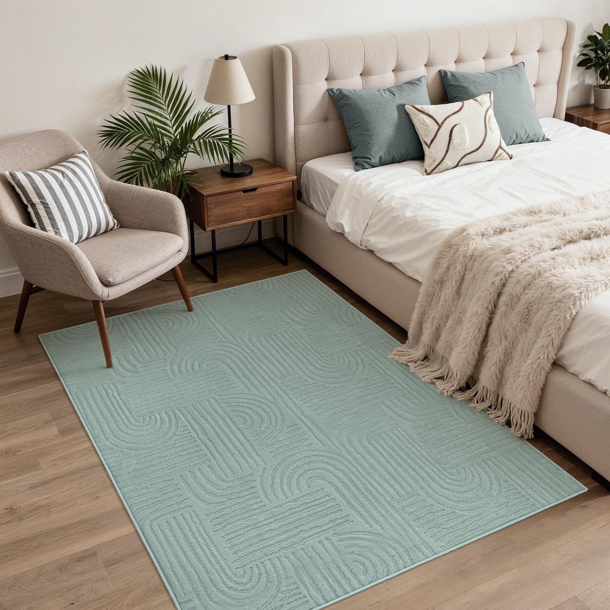 BEIMO Soft Washable Rug 120x160 cm, Low Pile Area Rug Non Slip Carpet Living Room Bedroom Kitchen Dining, Bohemia Geometric Pure Sage Green