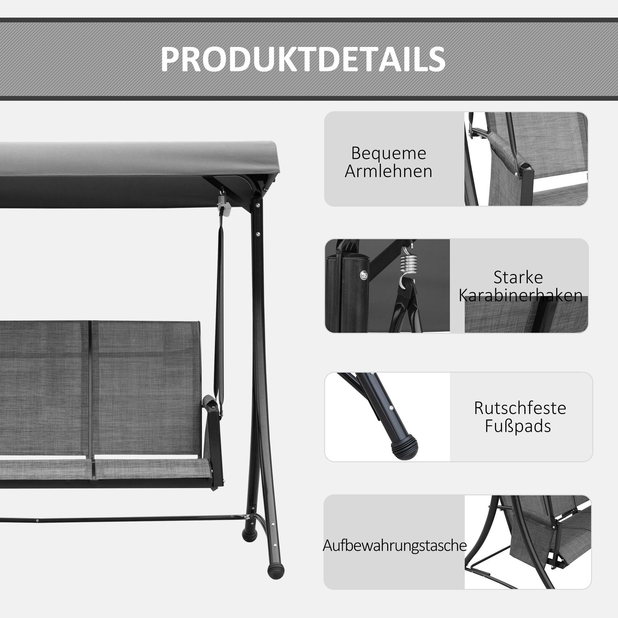 Outsunny Hollywoodschaukel mit Seitentasche, 3-Sitzer Gartenschaukel mit verstellbarem Sonnendach, Schaukelbank belast bis 300kg, für Garten, Terrasse, 196 x 128 x 172 cm, Dunkelgrau