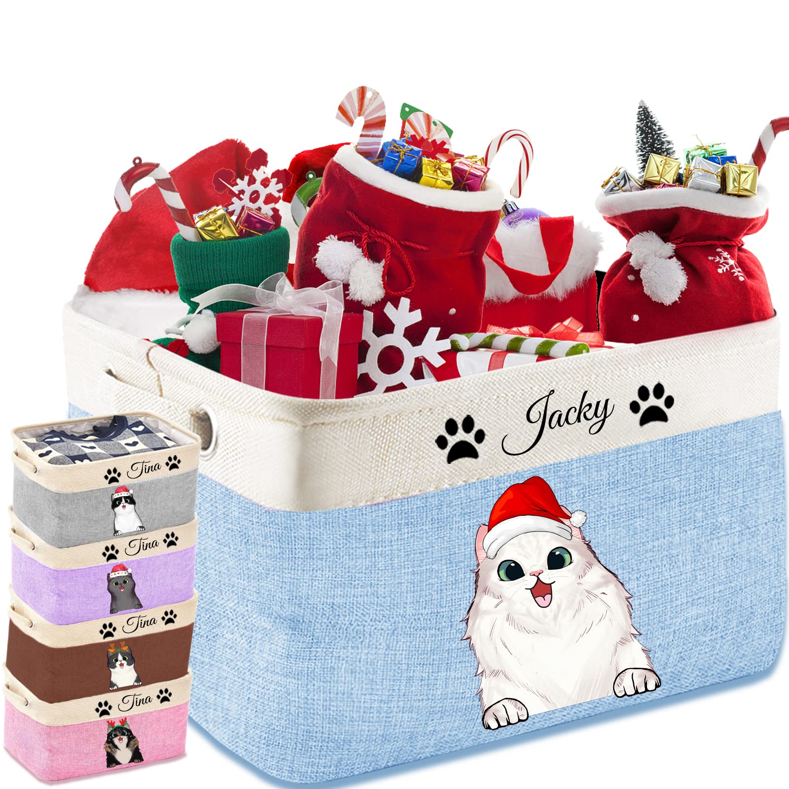 Personalized Christmas Cat Toy Baskets with Name Picture Custom Christmas Cat Toy Bin with Handles Rectangular Collapsible Cat Toy Storage Box