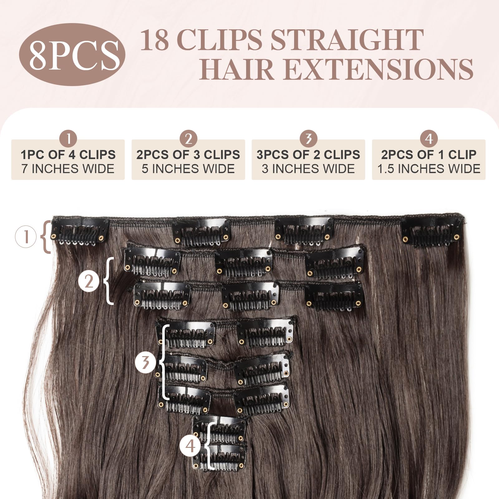SEGOHAIR Hair Extensions Clip in 8Pcs 18 Clips Synthetic Fiber Seamless 17" Long Curl Full Head -Dark Brown - Image 2