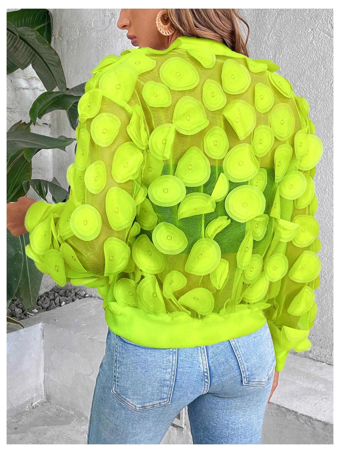 Floerns Women's Sheer Mesh Zip Up Bomber Jacket Long Sleeve Baseball Collar Outwear Tops Green Medium