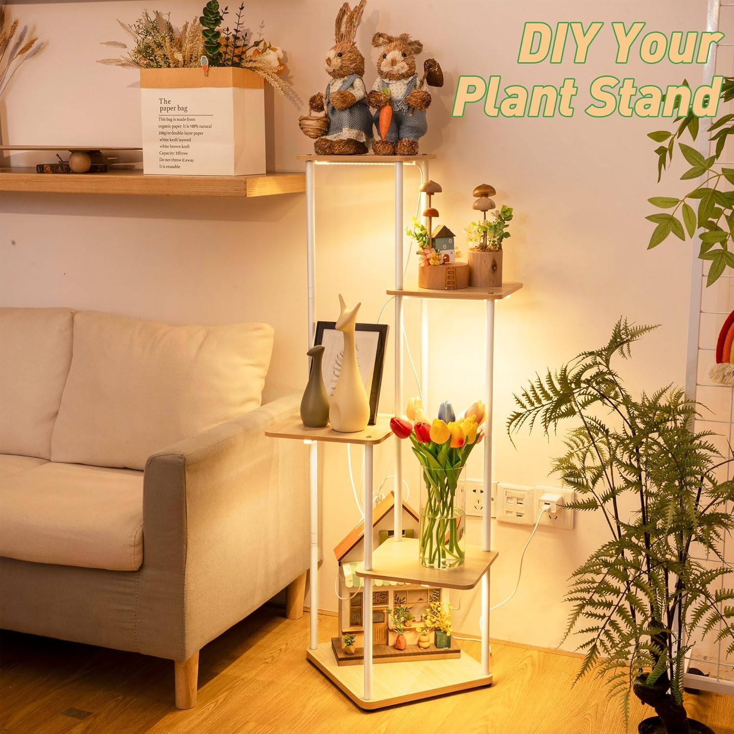 Dreyoo Plant Stand with Grow Light Indoor, 5 Tier 5 Potted Sturdy Metal Plant Shelf, Multiple Holder Tall Ladder for Display Flower Corner Living Room Office(White, Wood Color)