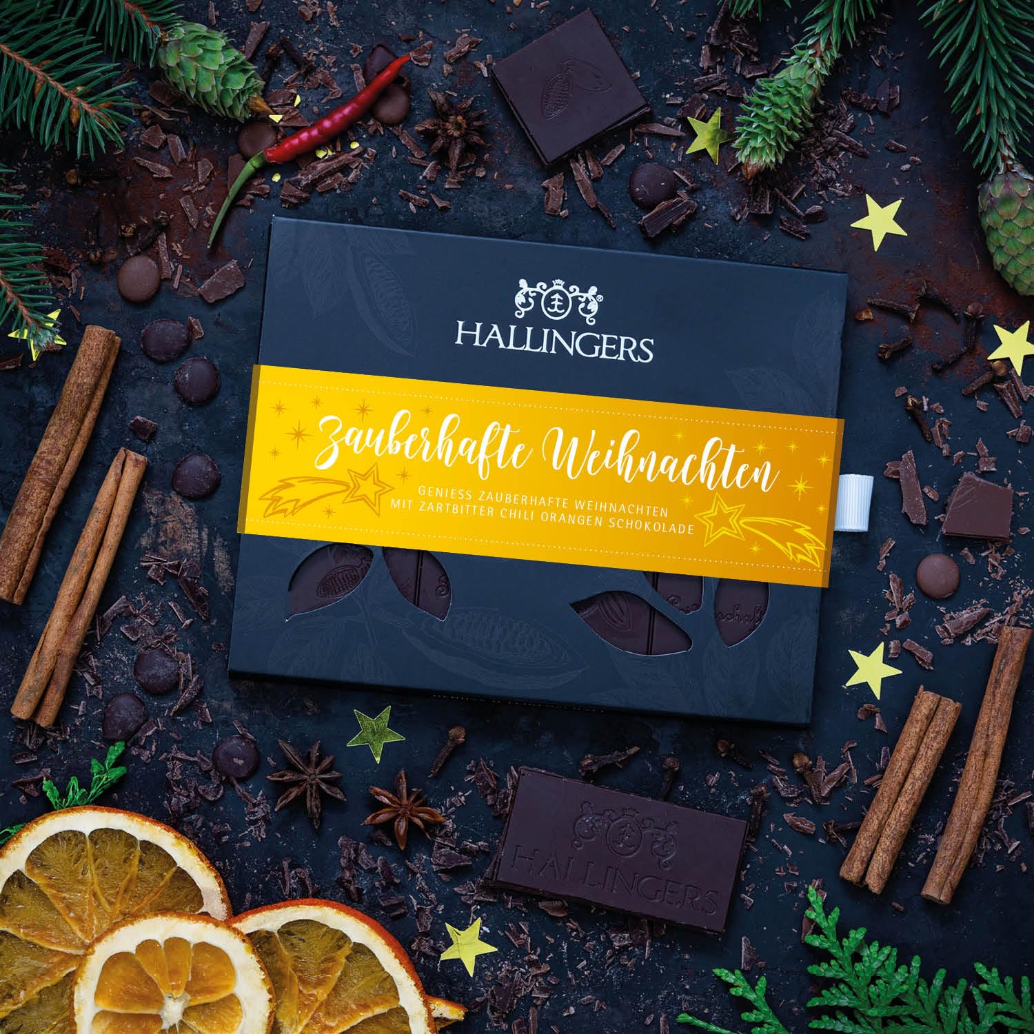 Hallingers Genuss Manufaktur Vegane Schokolade Weihnachts-Geschenk - Tafel handgeschöpfter Edelkakao ohne Alkohol edler Karton 10x "Zauberhafte Wei..." Orange-Chili, Weihnachten für Frauen Männer