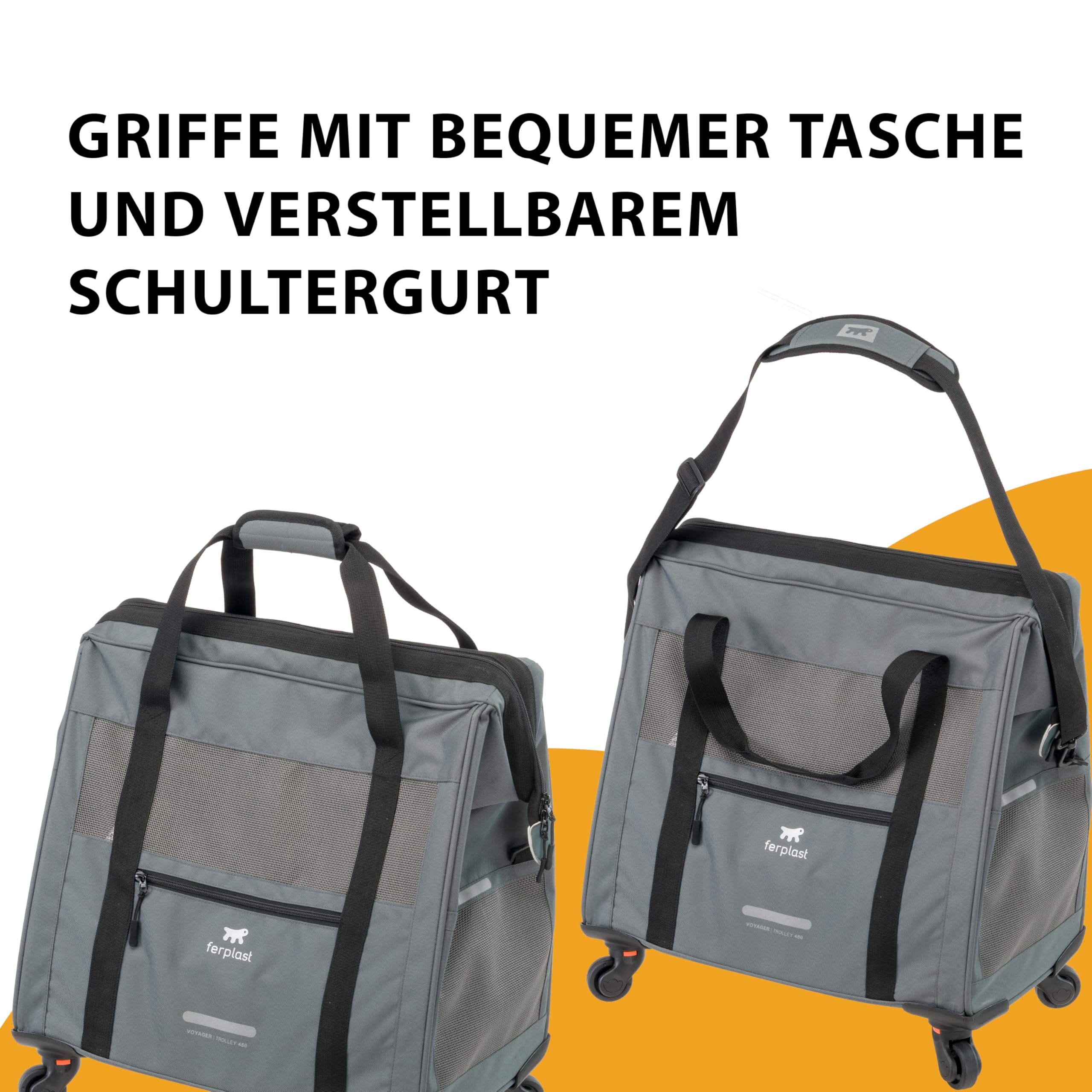 Ferplast Hundebox Voyager Trolley, Transportbox Katze, Hundetasche, ausziehbarer Griff, verstellbare Gurte, breite Öffnung, abnehmbare Räder, max. 15 kg, 46 x 26 x 48H cm, Grau