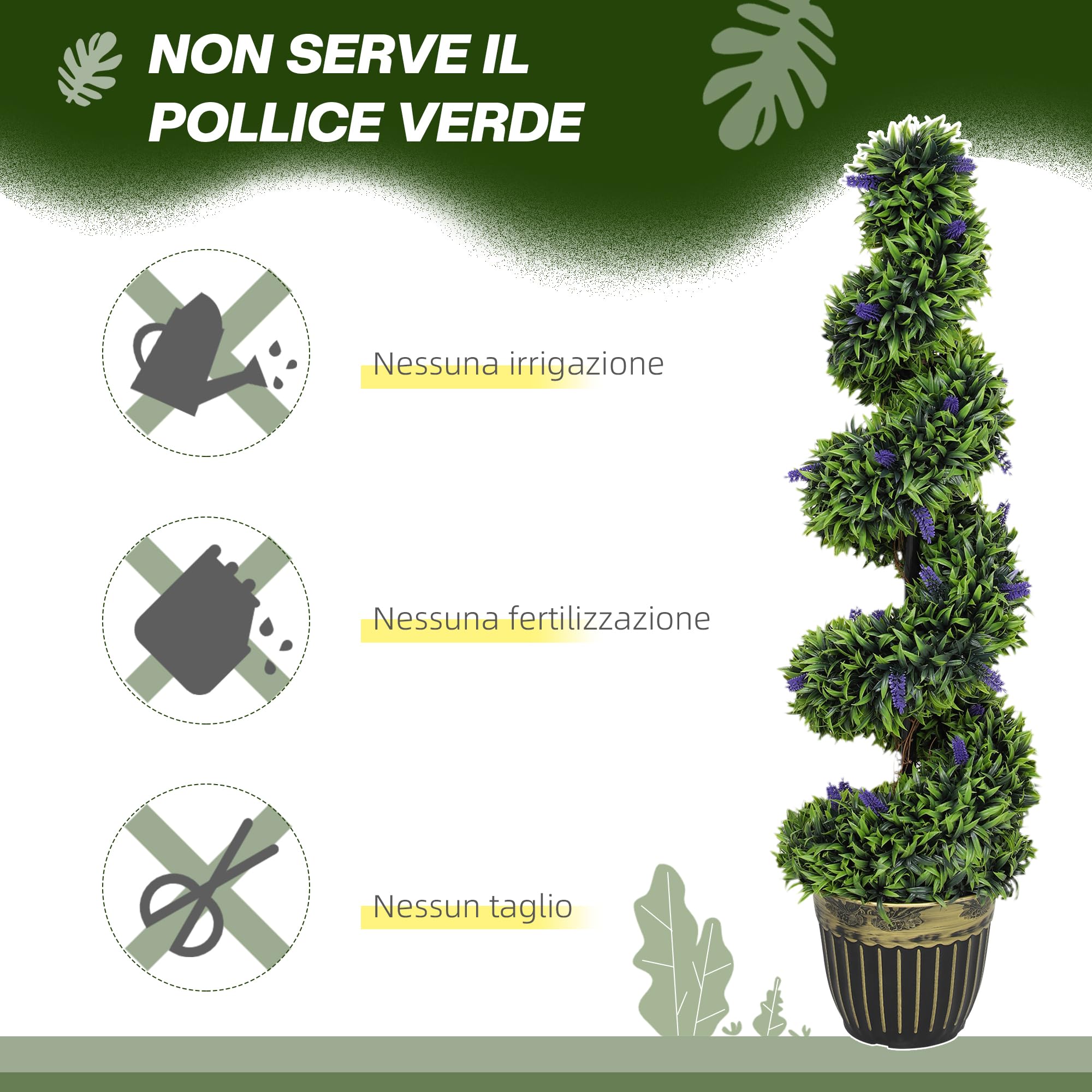 HOMCOM Set 2 Piante Finte da Interno di Bosso a Spirale 115cm Verde e Blu | Con Lavanda, 41 Fiori e Vaso, Piante Topiaria Artificiali da Esterni, Pianta Finta Anti-UV, Decorazione Casa, Giardino