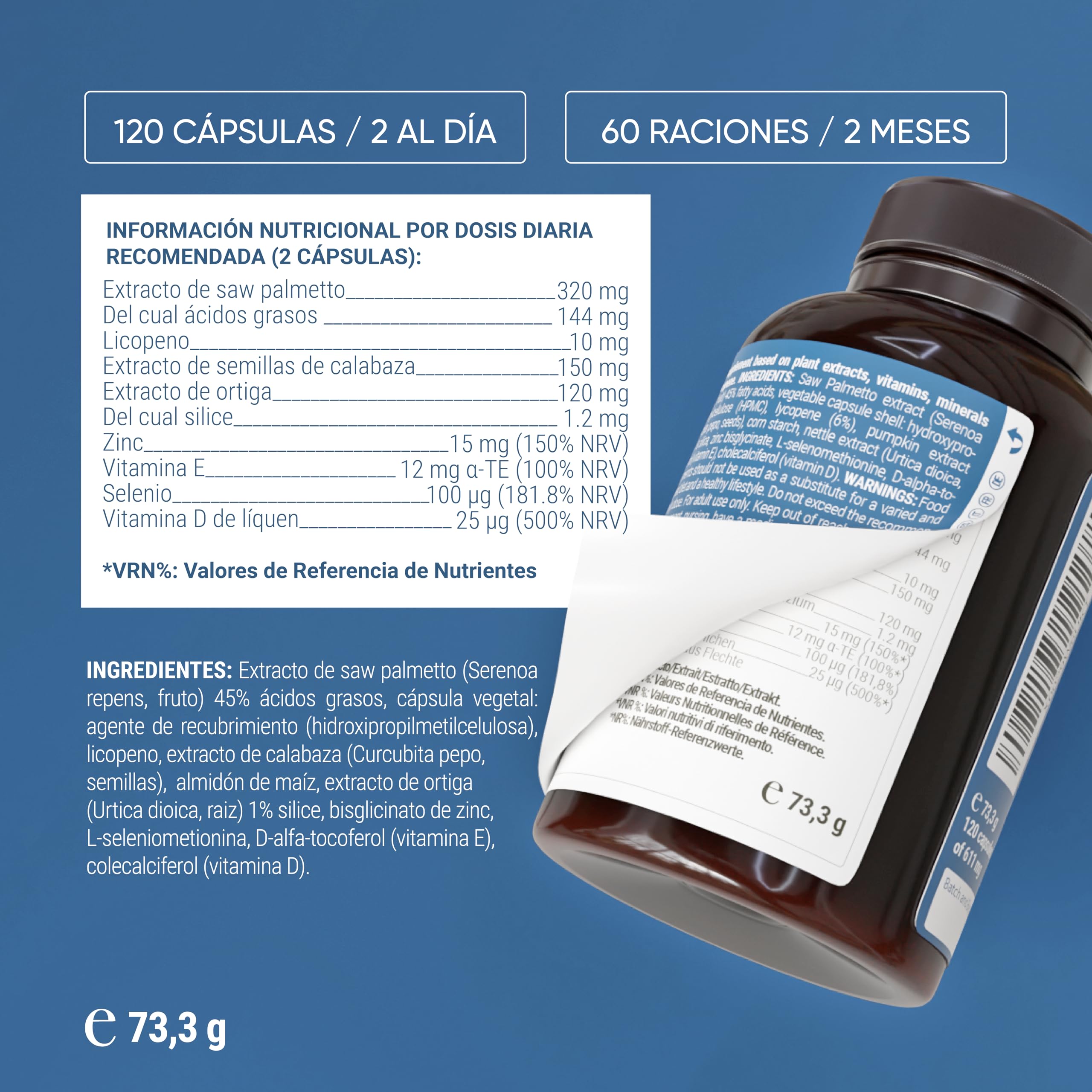 Nullure Complejo Prostata Capsulas | Saw Palmetto 320mg + Calabaza + Ortiga + Licopeno | Salud Prostática · Inflamada| Prostate Care |Vegano y Sin Aditivos| 120 cáps (2 meses)| Fabricado en España